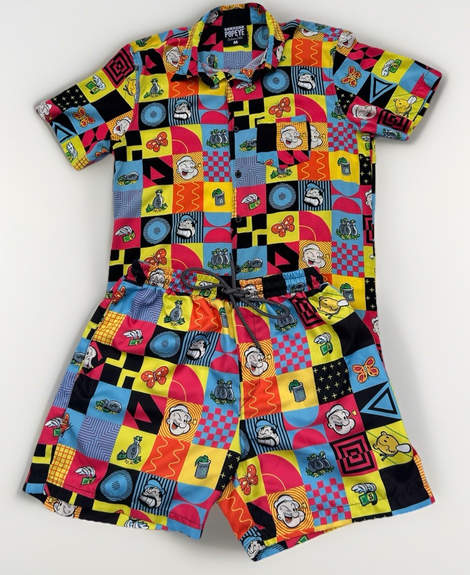 Reason Popeye Matching Set Mens M Button Shirt Swim Trunks Retro Graphic