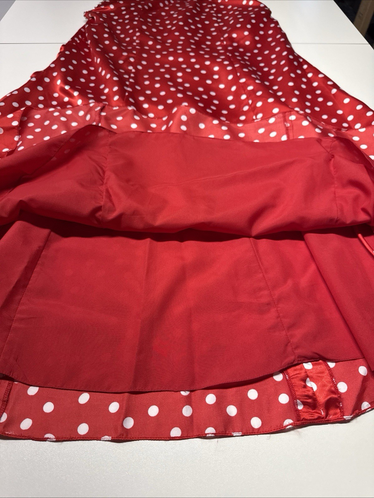Mori Lee Formal Gown Maxi Dress Sz 13/14 Red White Polka Dot Beaded Sides LaceUp