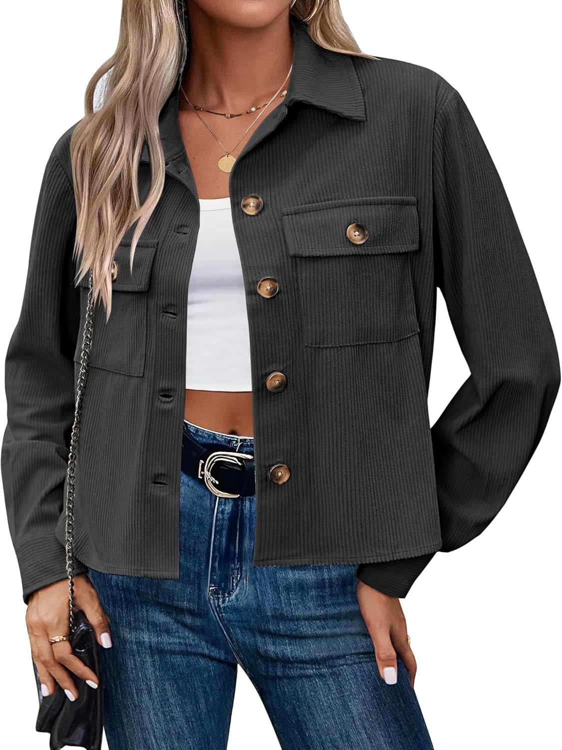 Women Cropped Corduroy Shackets Button Down Jackets Tops Fall long Sleeve Shirt