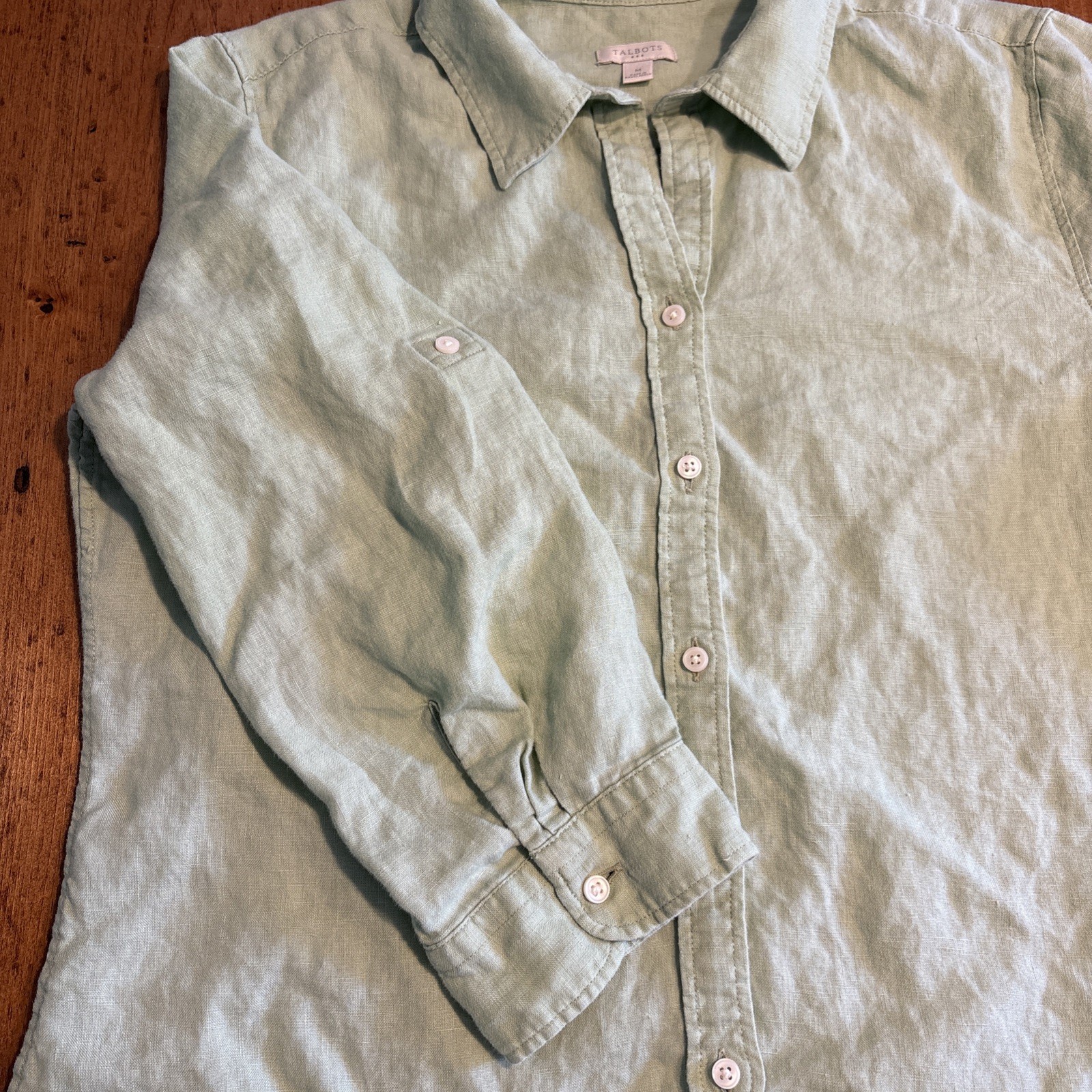 Talbots Green 100% Linen Collared Button Down Shirt 3/4 Sleeve Medium