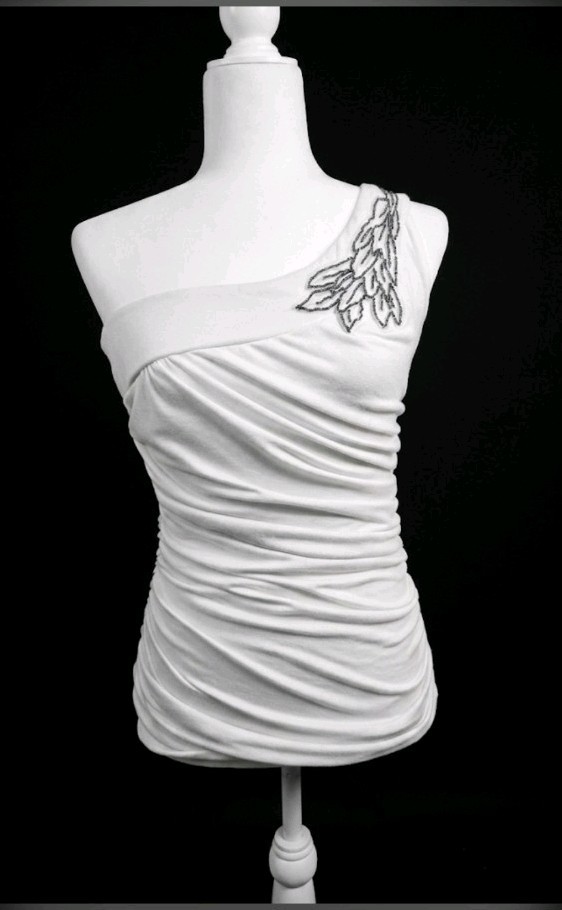White One Shoulder Ruched Beaded Grecian Party Top Sise S