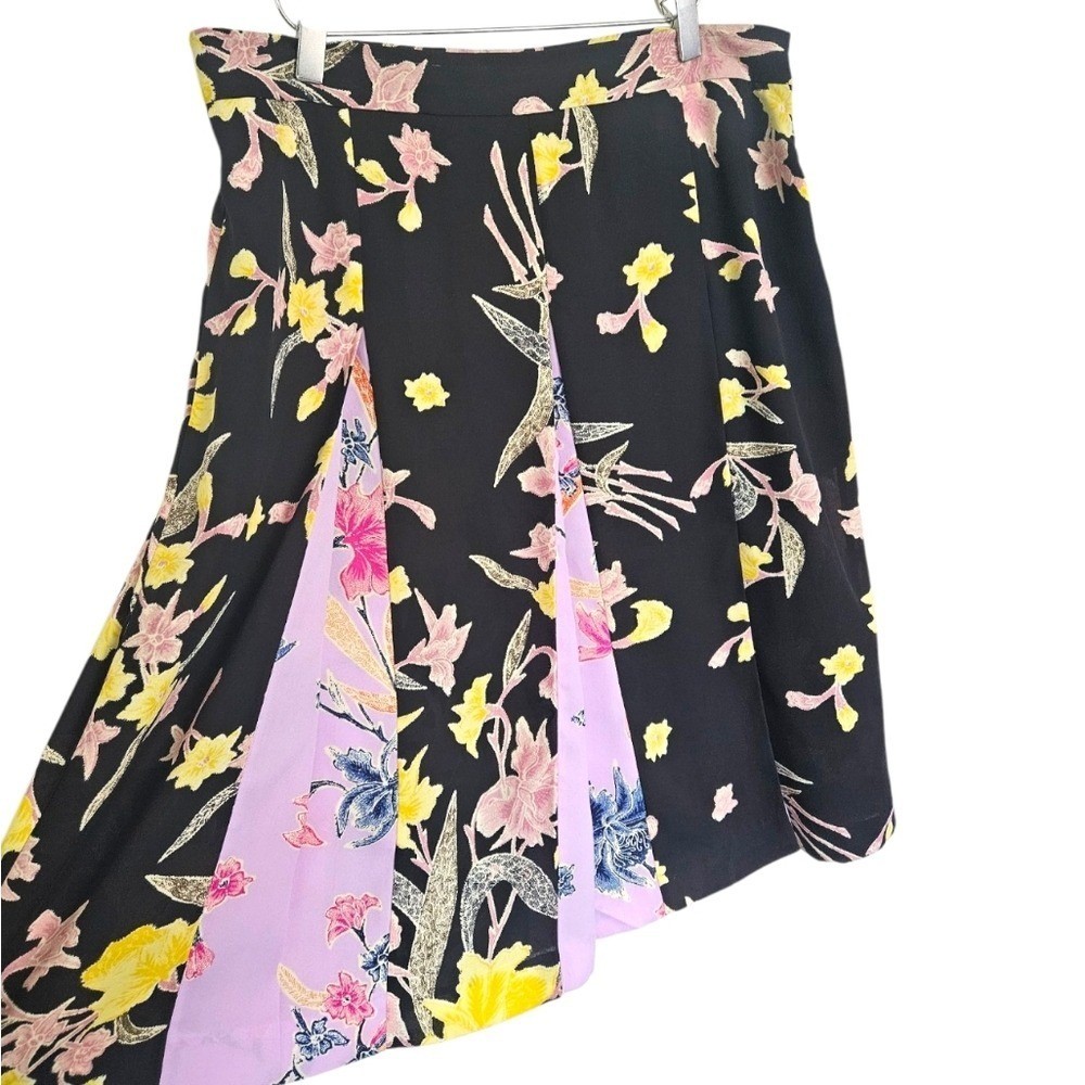 DVF Diane Von Furstenberg Opal Pleated Black Purple Floral Crepe Godet Skirt 14