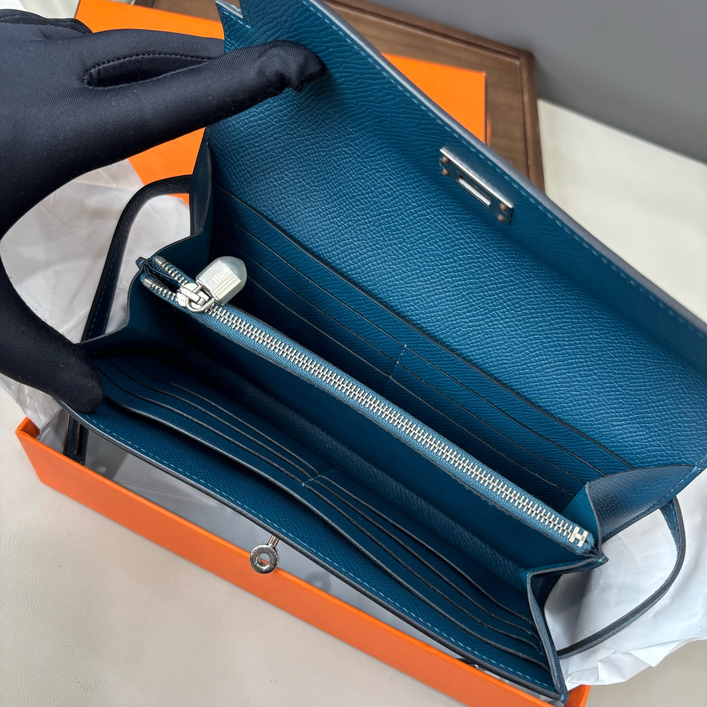 Excellent Hermes Kelly Epsom Leather Blue Long Wallet Clutch Silver Hardware
