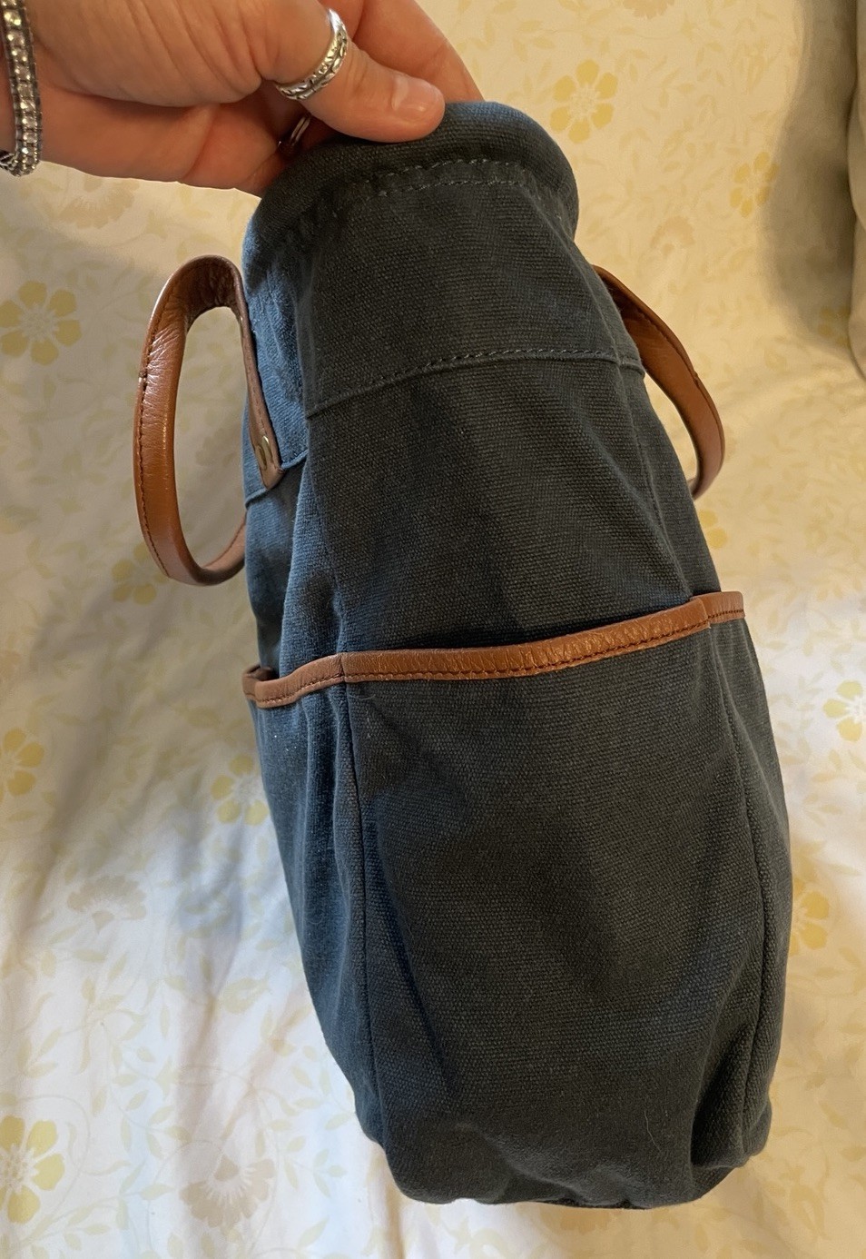 LEVENGER Blue Navy Dark Denim Canvas Brown Leather Medium Pocket Tote Bag Purse