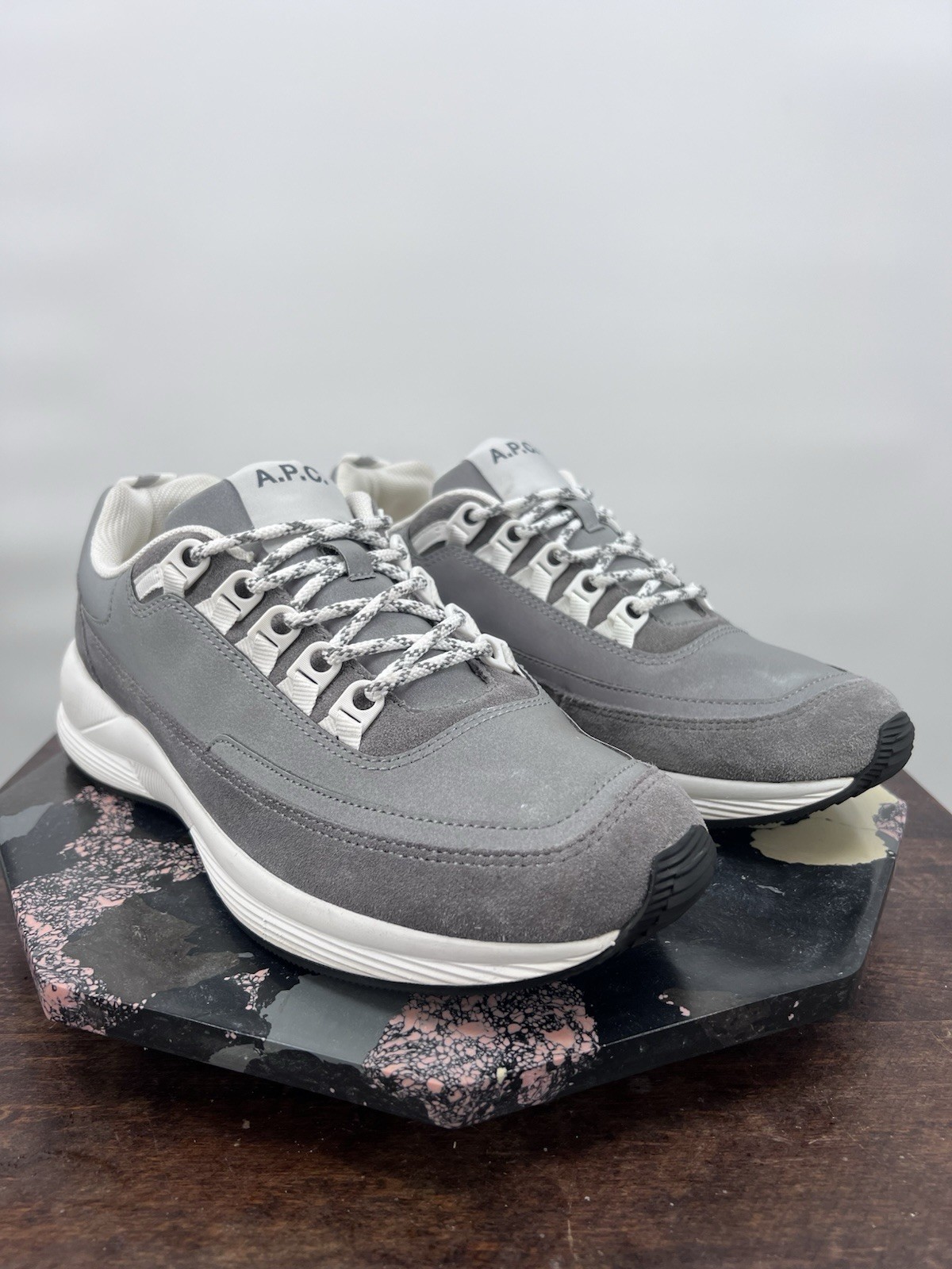 A.P.C. Techno Homme Grey Leather Reflective Sneakers Ltd Edition Sz 10 EUC
