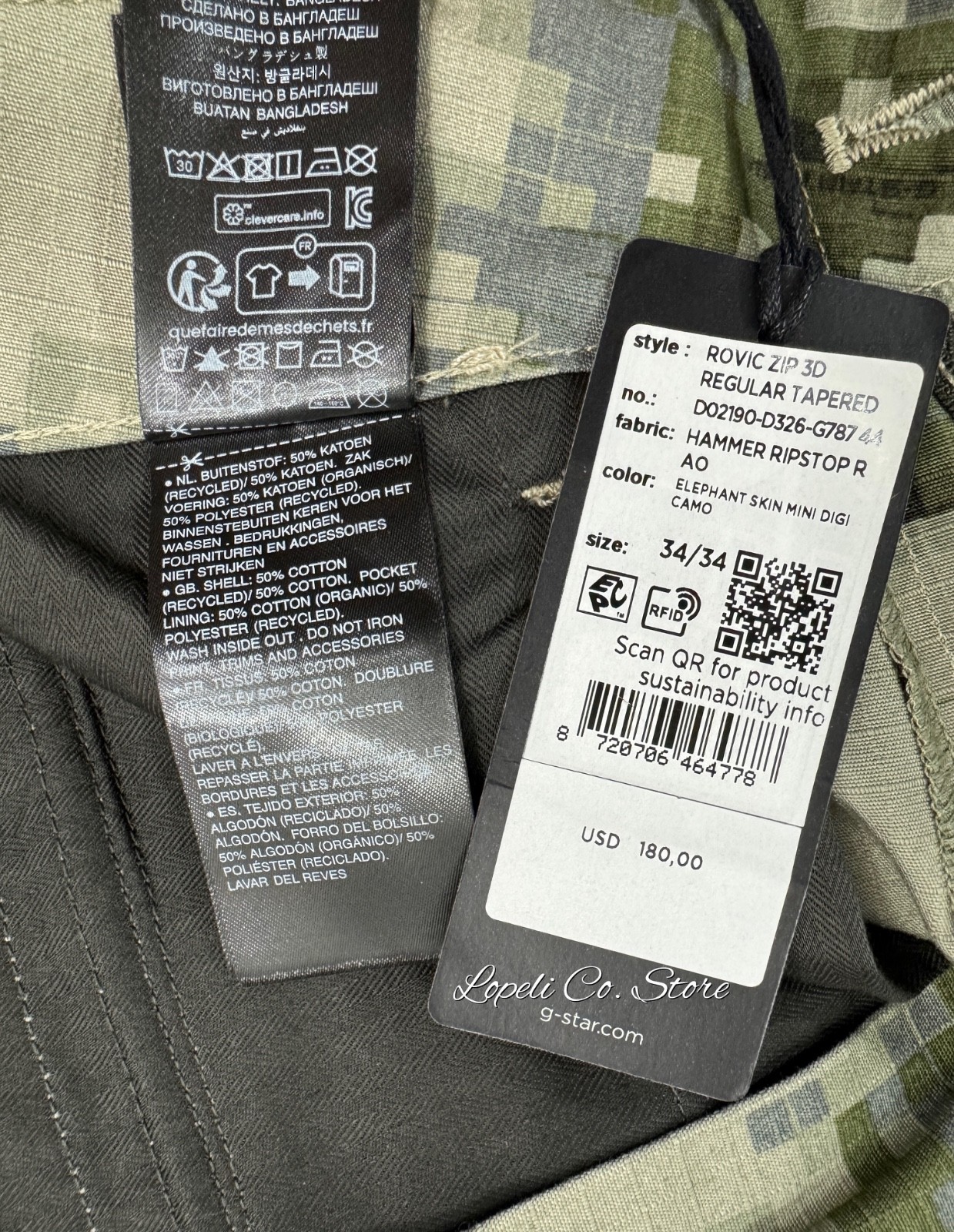 G Star Raw Rovic Zip 3D Digi Camo Elephant Skin Pants Green 34×34