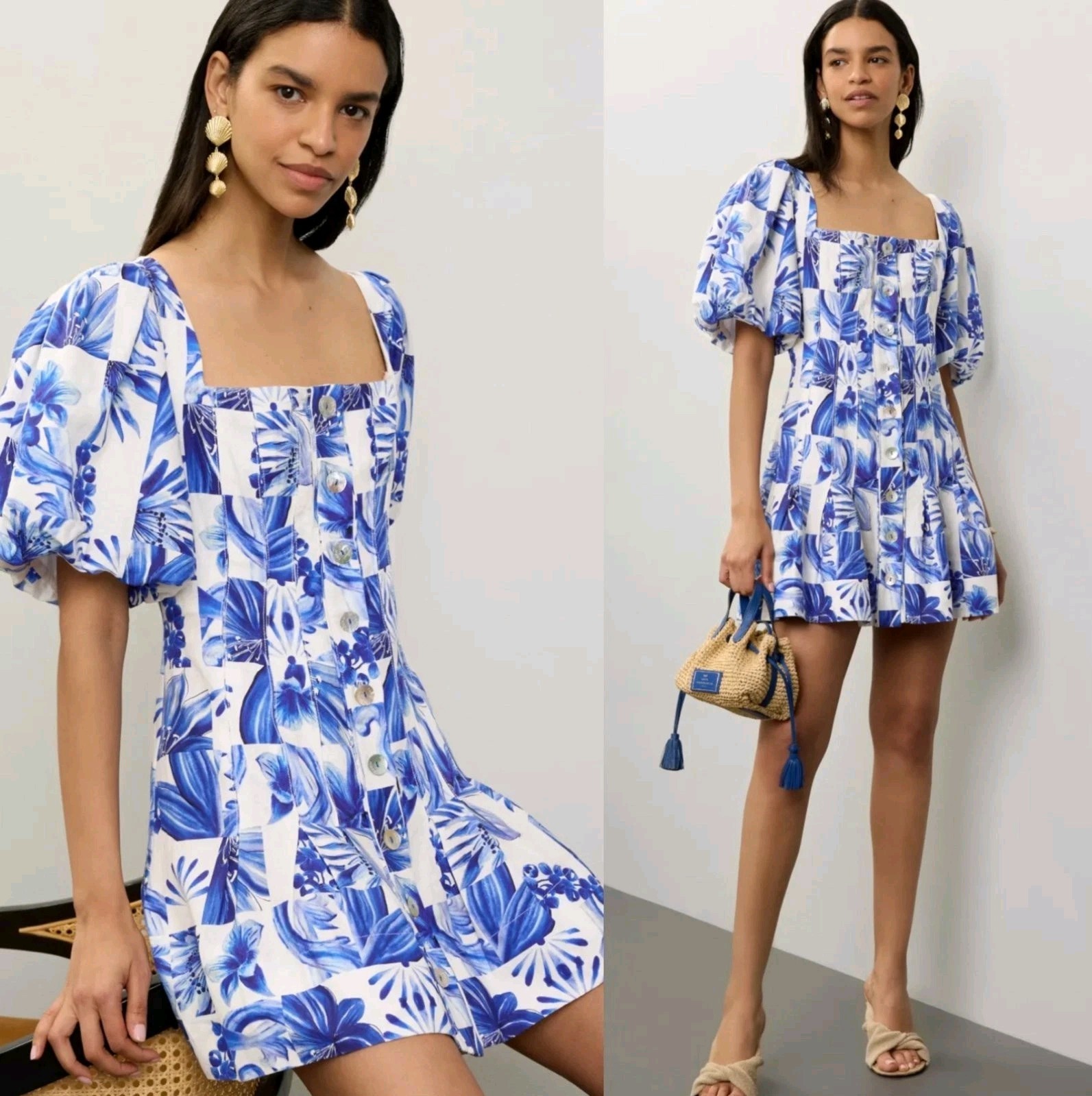 Caroline Constas Garden Tiles Midi Dress Blue White Linen Blend AU 8 US 4 BNWT