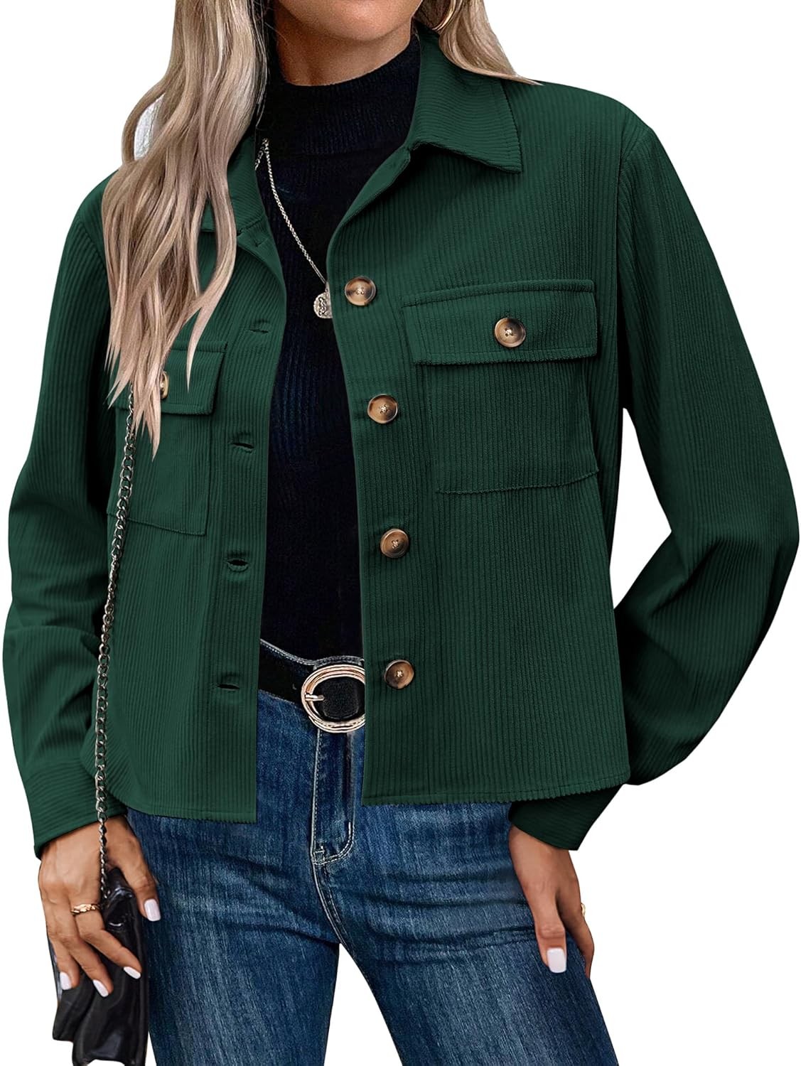 Women Cropped Corduroy Shackets Button Down Jackets Tops Fall long Sleeve Shirt
