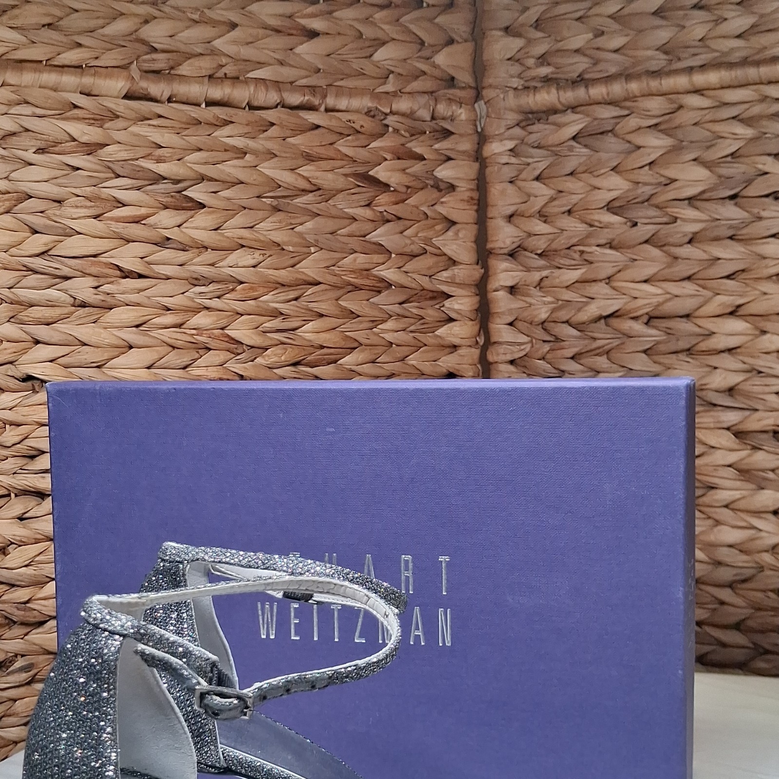 Stuart Weitzman Pewter Glitter Ankle Strap Stiletto Open Toe Heels 7B