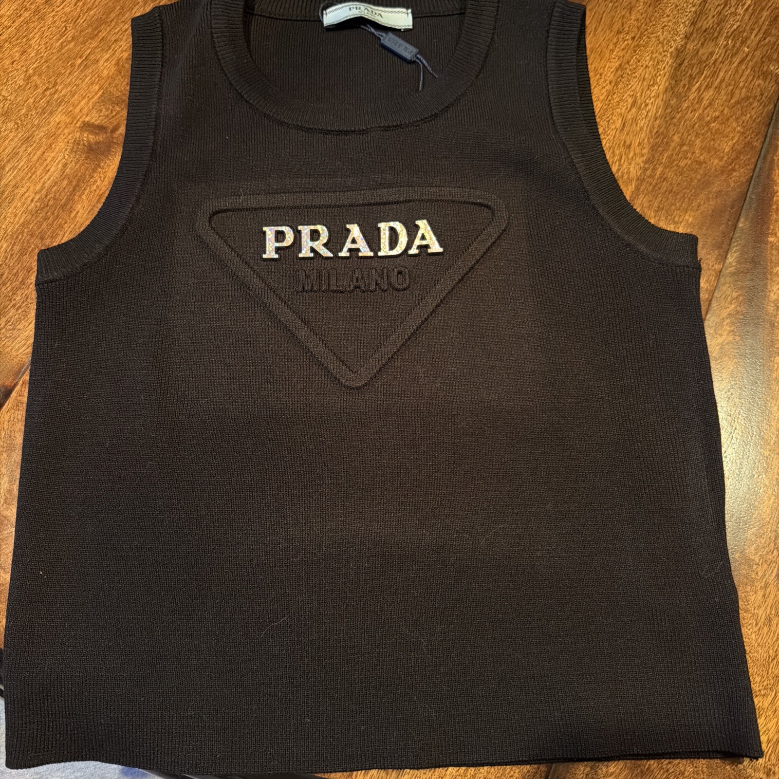 Prada Logo Knit Cotton Tank Top Black Wide Strap Sleeveless Women’s S