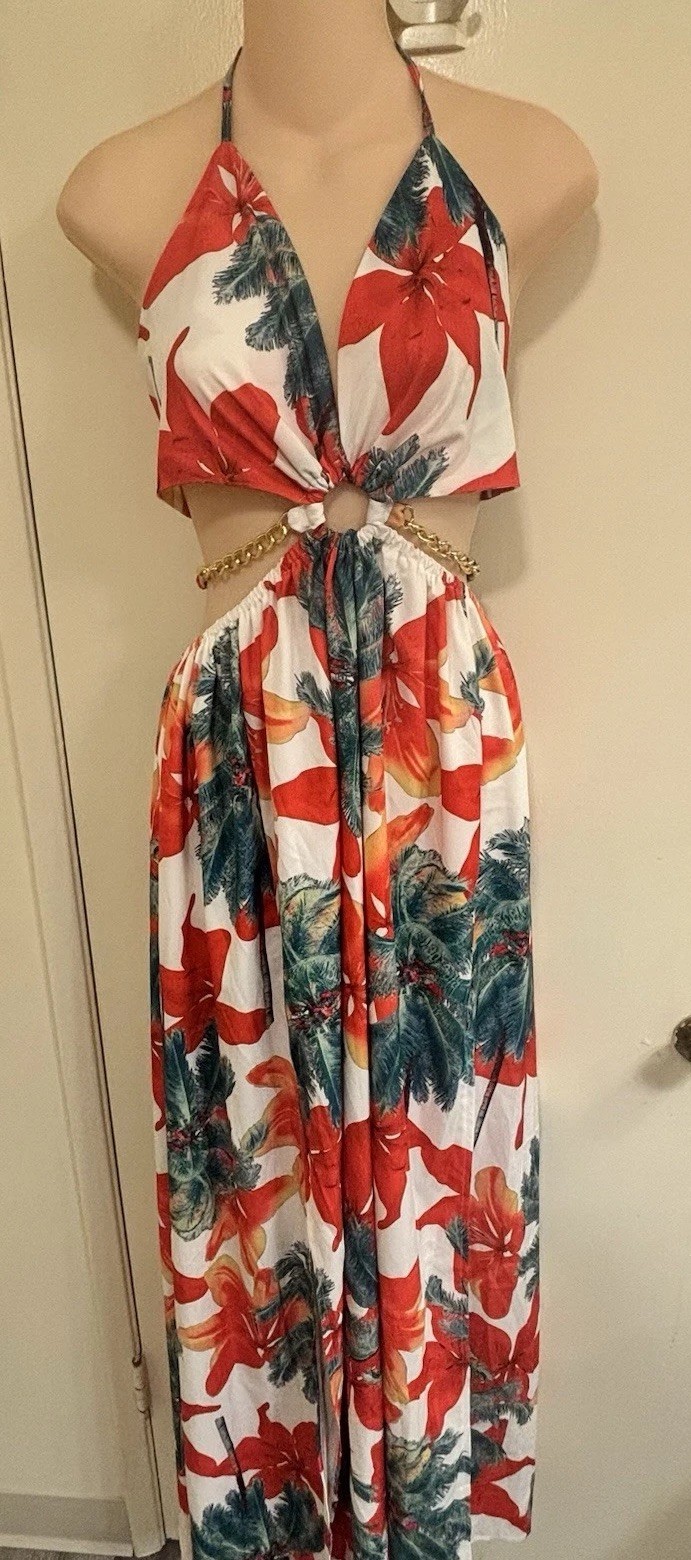 BeachCore tropical print halter maxi dress featuring gold chain cut-out details.