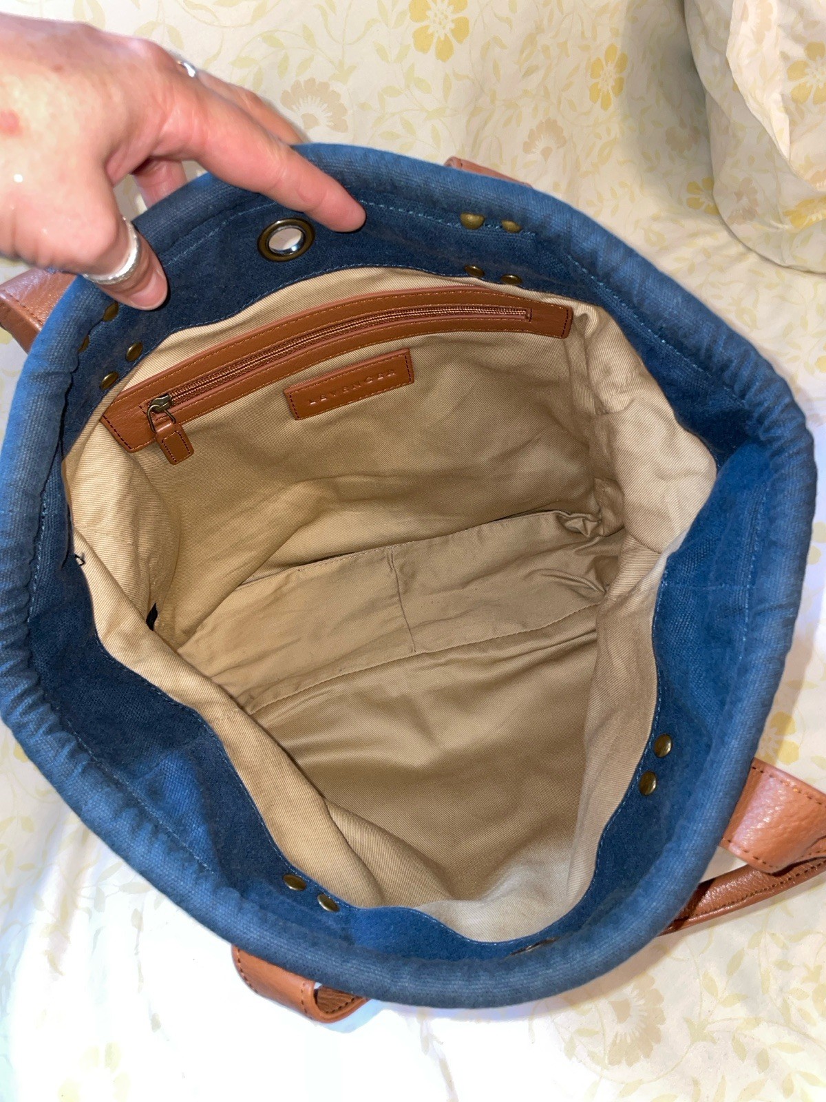 LEVENGER Blue Navy Dark Denim Canvas Brown Leather Medium Pocket Tote Bag Purse