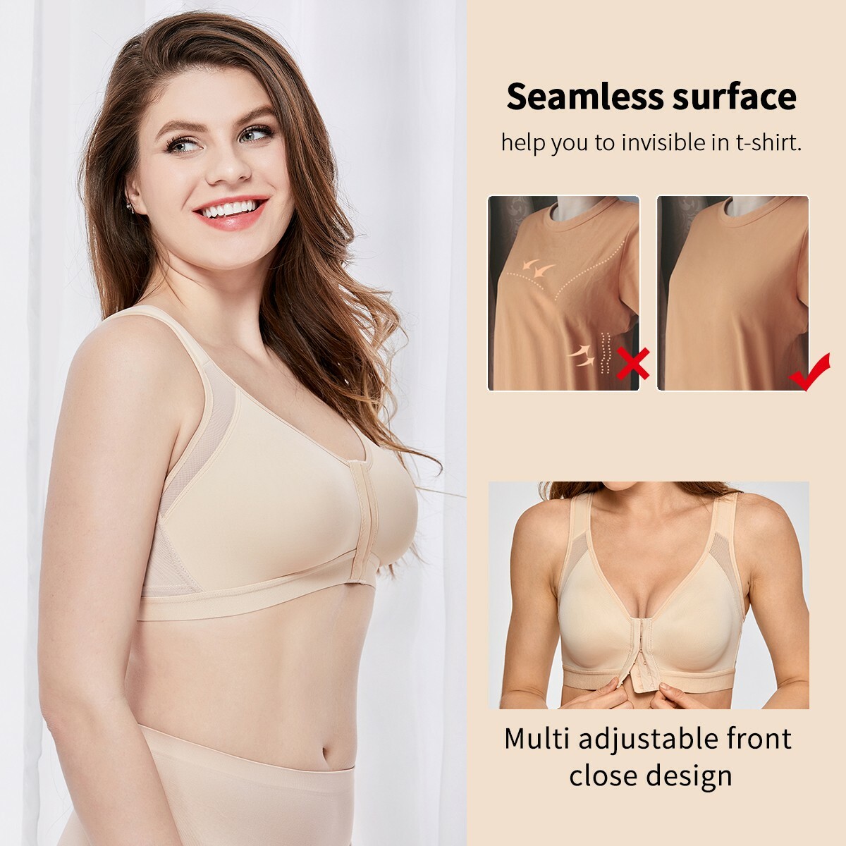 Womens Full Coverage Front Closure Adjustable Bra Wire Free Back Support Posture