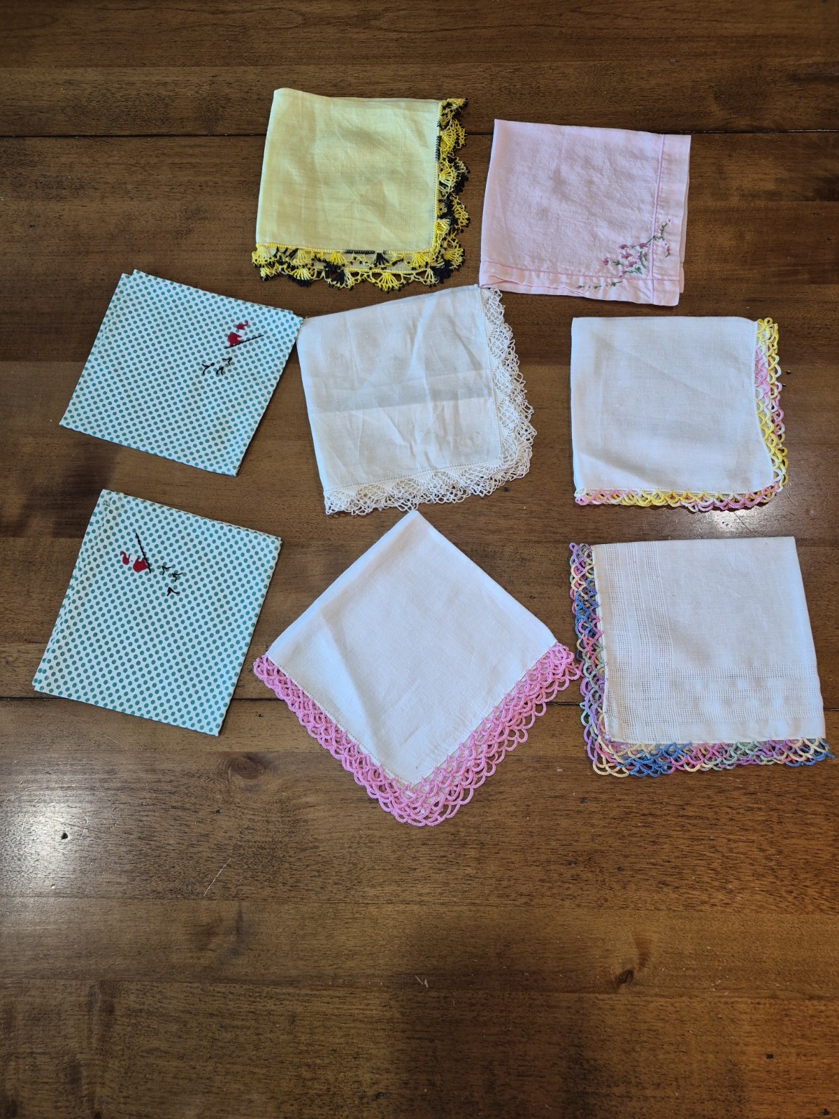 8- UNMATCHED Vintage Hankies Tatted, Beaded, Embroidered, Crochet, & Print. …