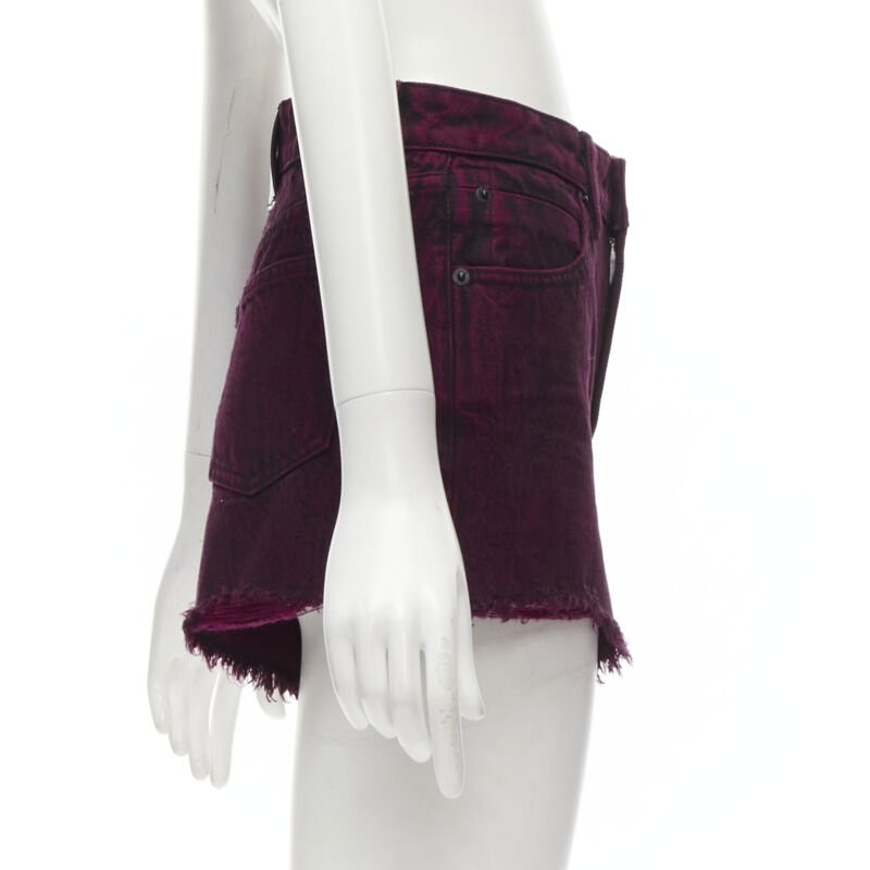 ALEXANDER WANG Bite berry red black washed side zip frayed denim shorts 25″