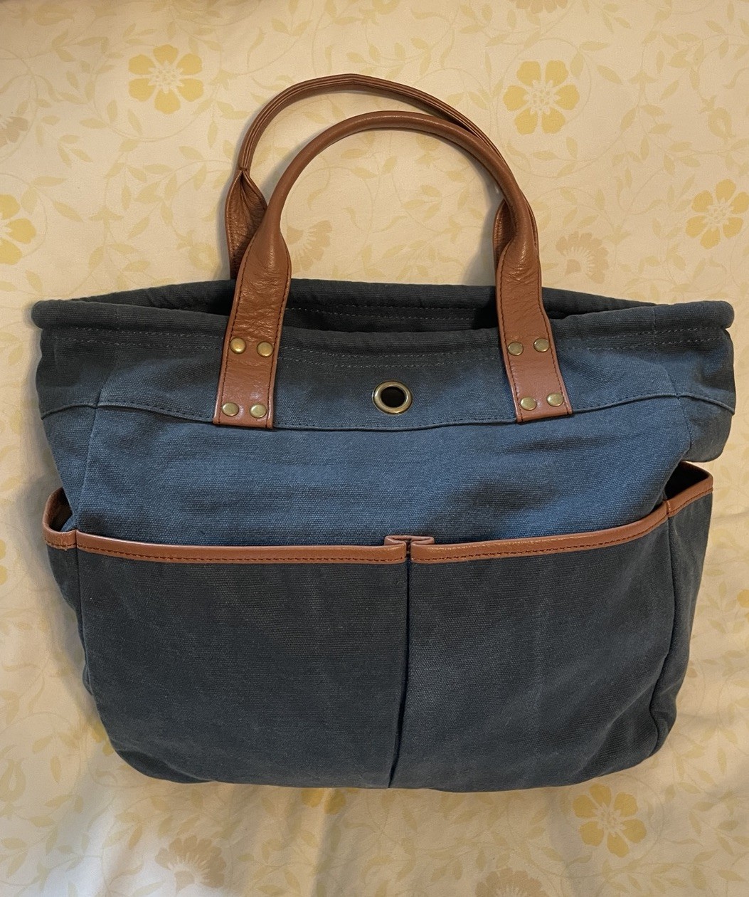LEVENGER Blue Navy Dark Denim Canvas Brown Leather Medium Pocket Tote Bag Purse