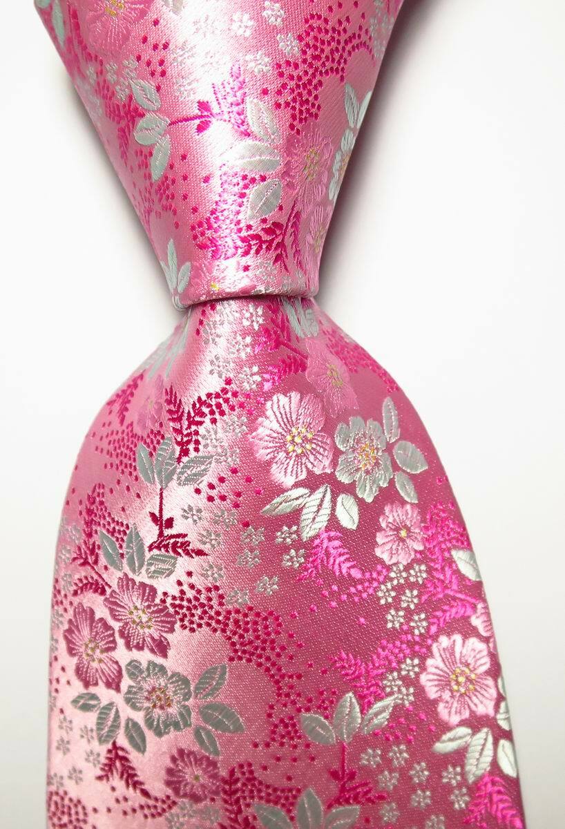 New Classic Floral Pink White JACQUARD WOVEN 100% Silk Men’s Tie Necktie