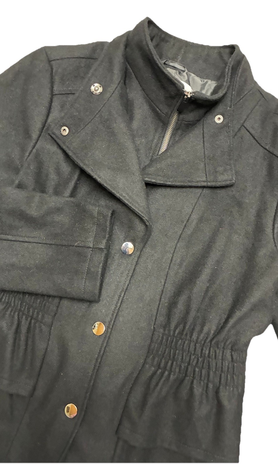 NY & Company Peacoat Women’s L Black Wool Blend Peplum Ruffle Zip Snap Jacket