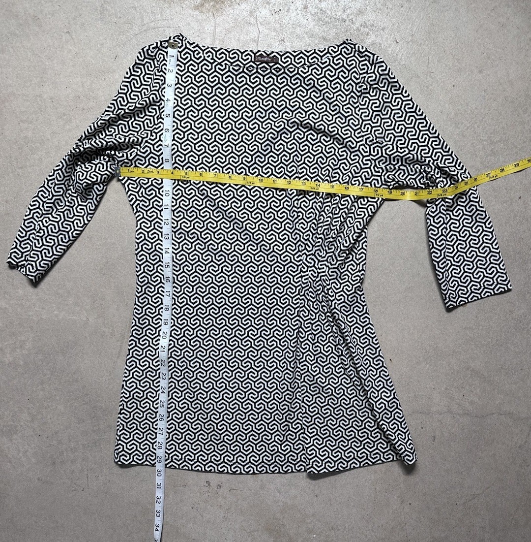 J McLaughlin Sage Dress L Catalina Cloth Black White Geometric Wrinkle Resistant