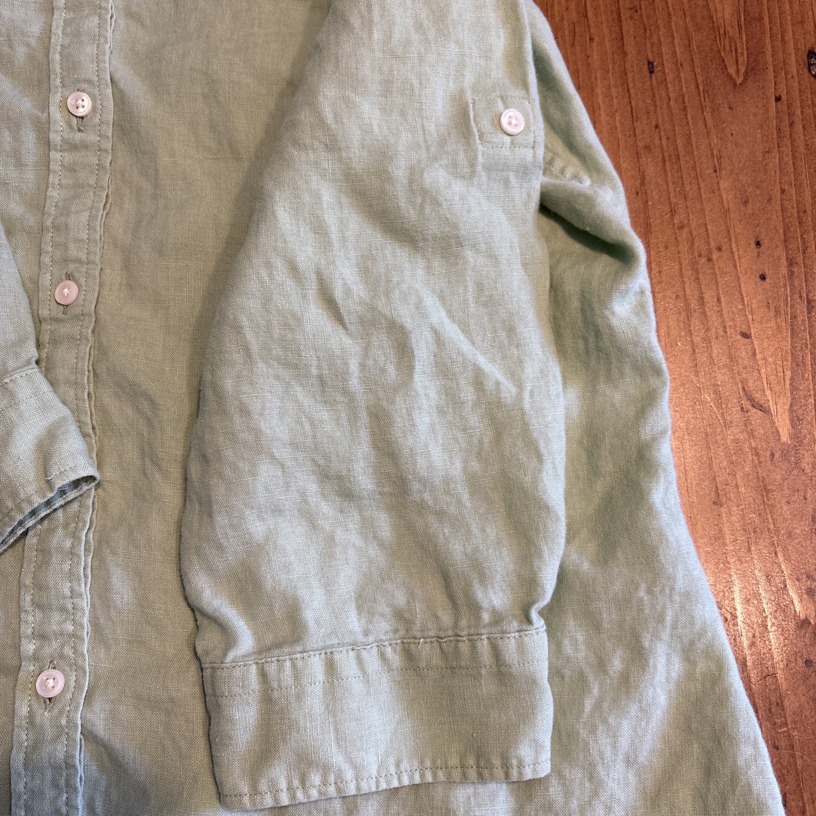Talbots Green 100% Linen Collared Button Down Shirt 3/4 Sleeve Medium