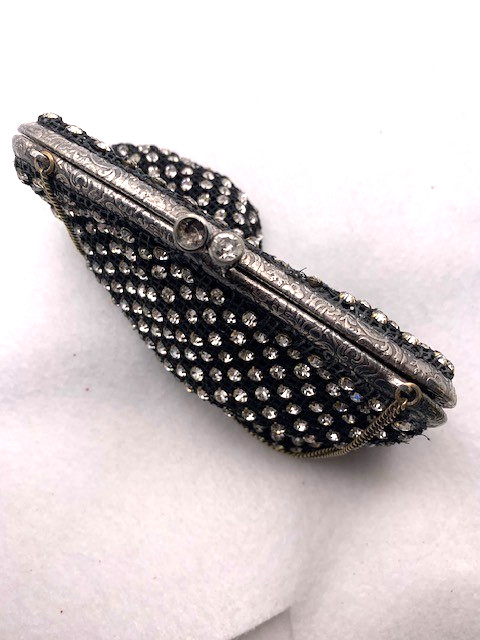 vintage sixties rhinestone evening bag with sterling silver frame on mesh back