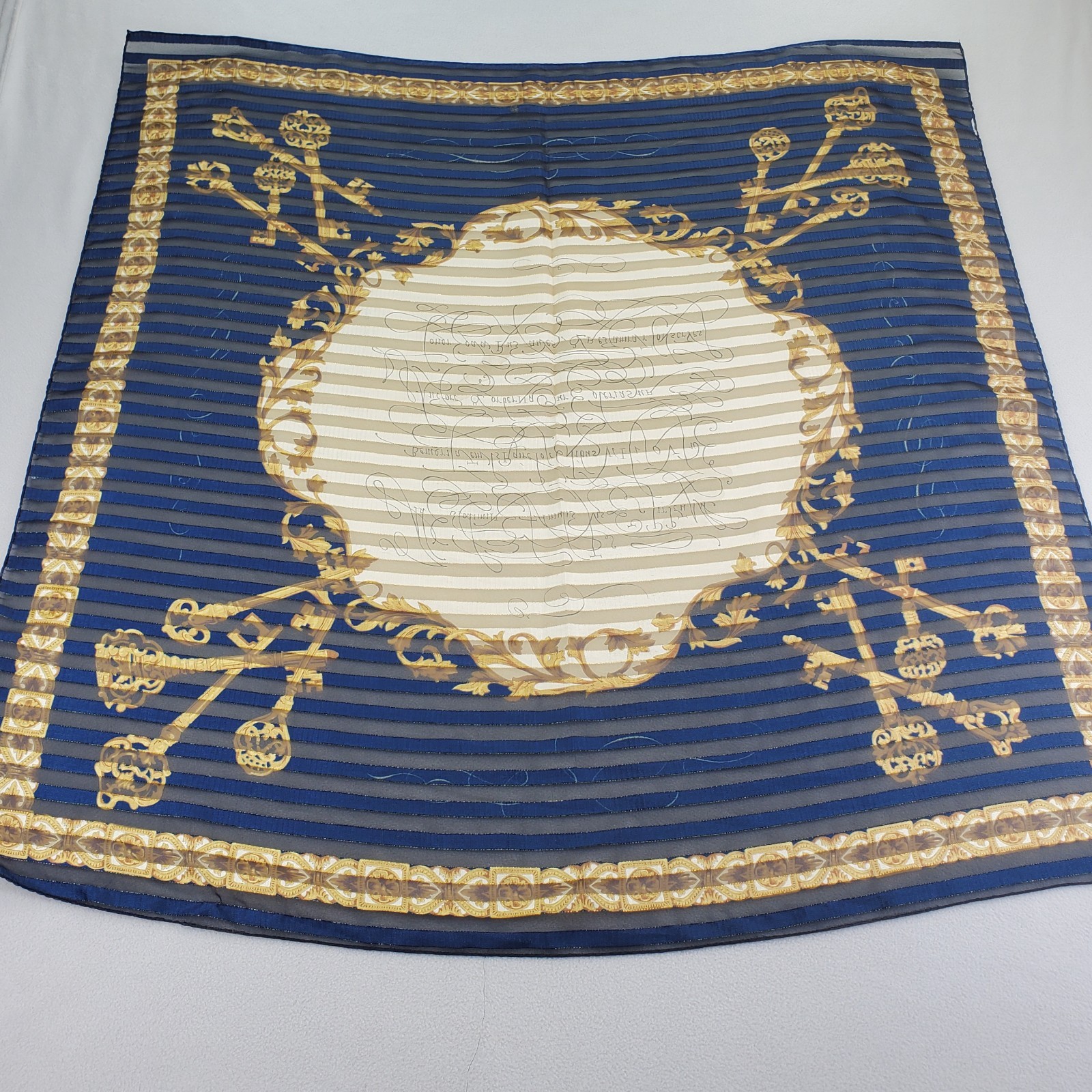VTG Manuscript Scarf 35in Square Blue Shadow Stripe Faux Latin Gold Metallic Key