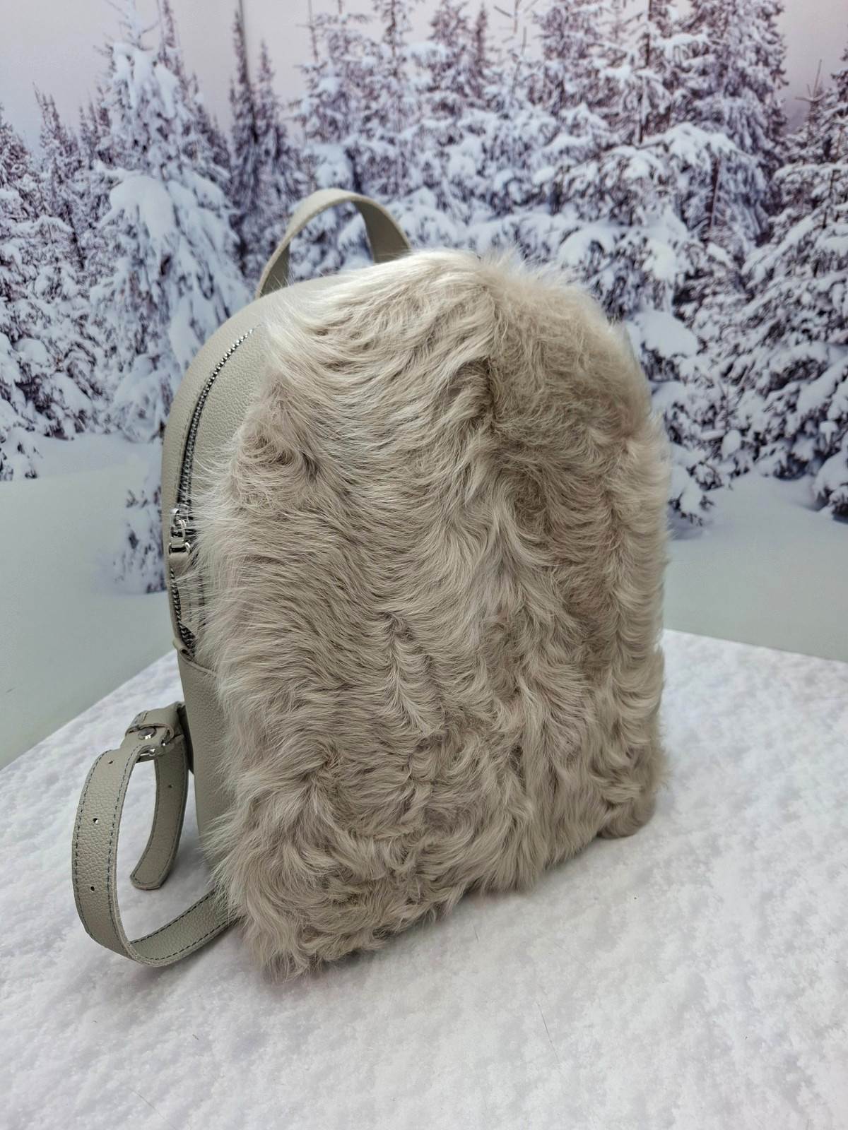 Grey backpack Women leather bag Genuine fur bag Gift for women