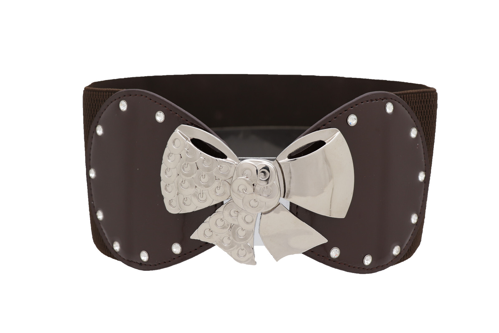 Women Dark Brown Wide Waistband Belt Silver Metal Bow Tie Ribbon Buckle Size S M