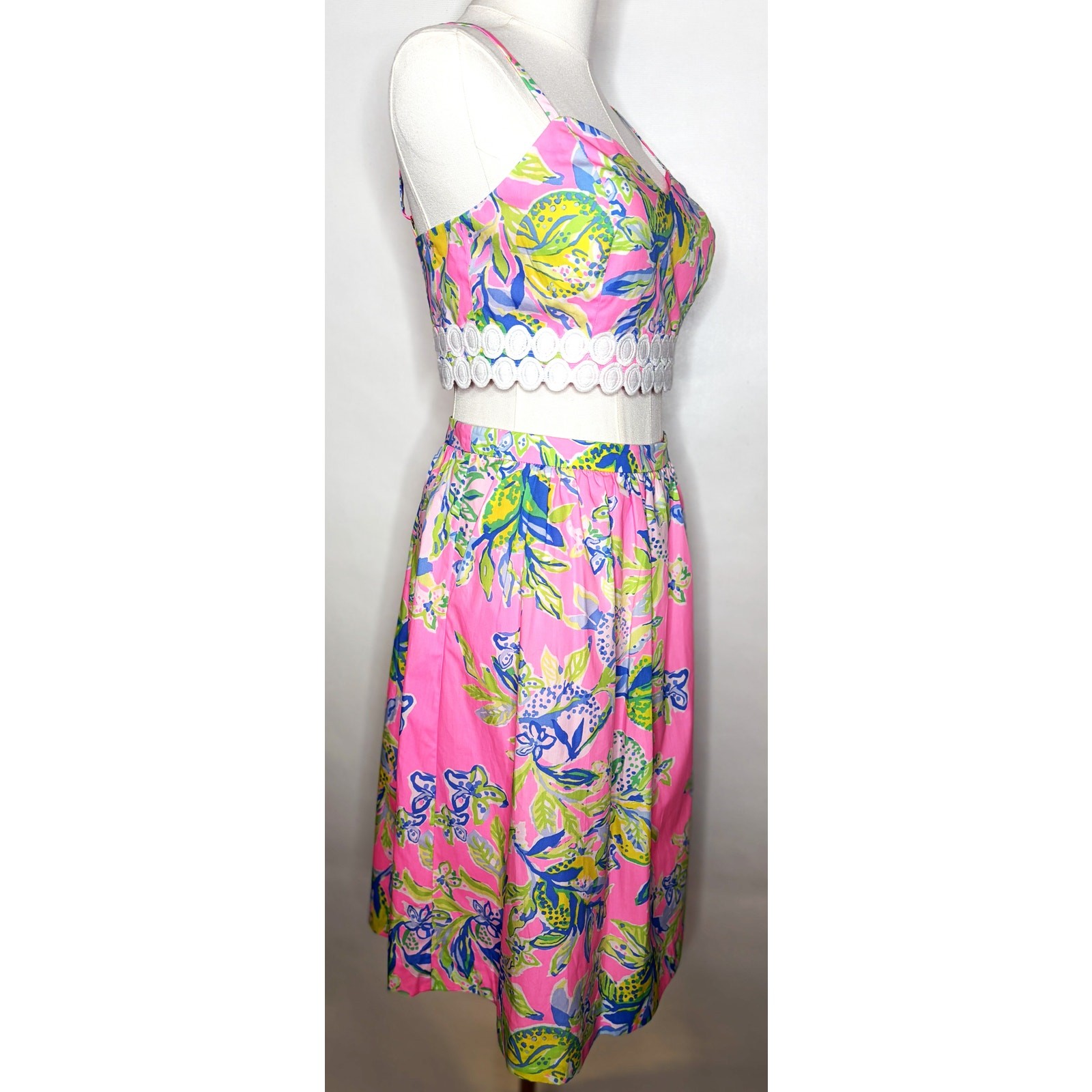 Lilly Pulitzer Pink Tropical Print Two-Piece Crop Top & Midi Skirt Set NWT