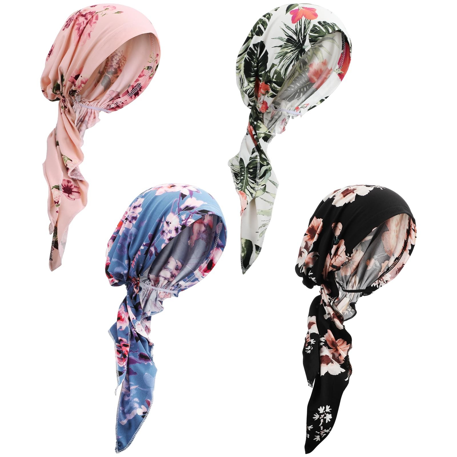4 Pcs Chemo Headwear Women Pre Tied Cancer Caps Head Scarf Turbans Floral