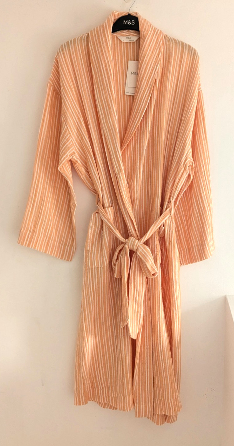 M&S Pure Cotton Muslin Sun Glow Orange Striped Dressing Gown Robe Medium 12 – 14