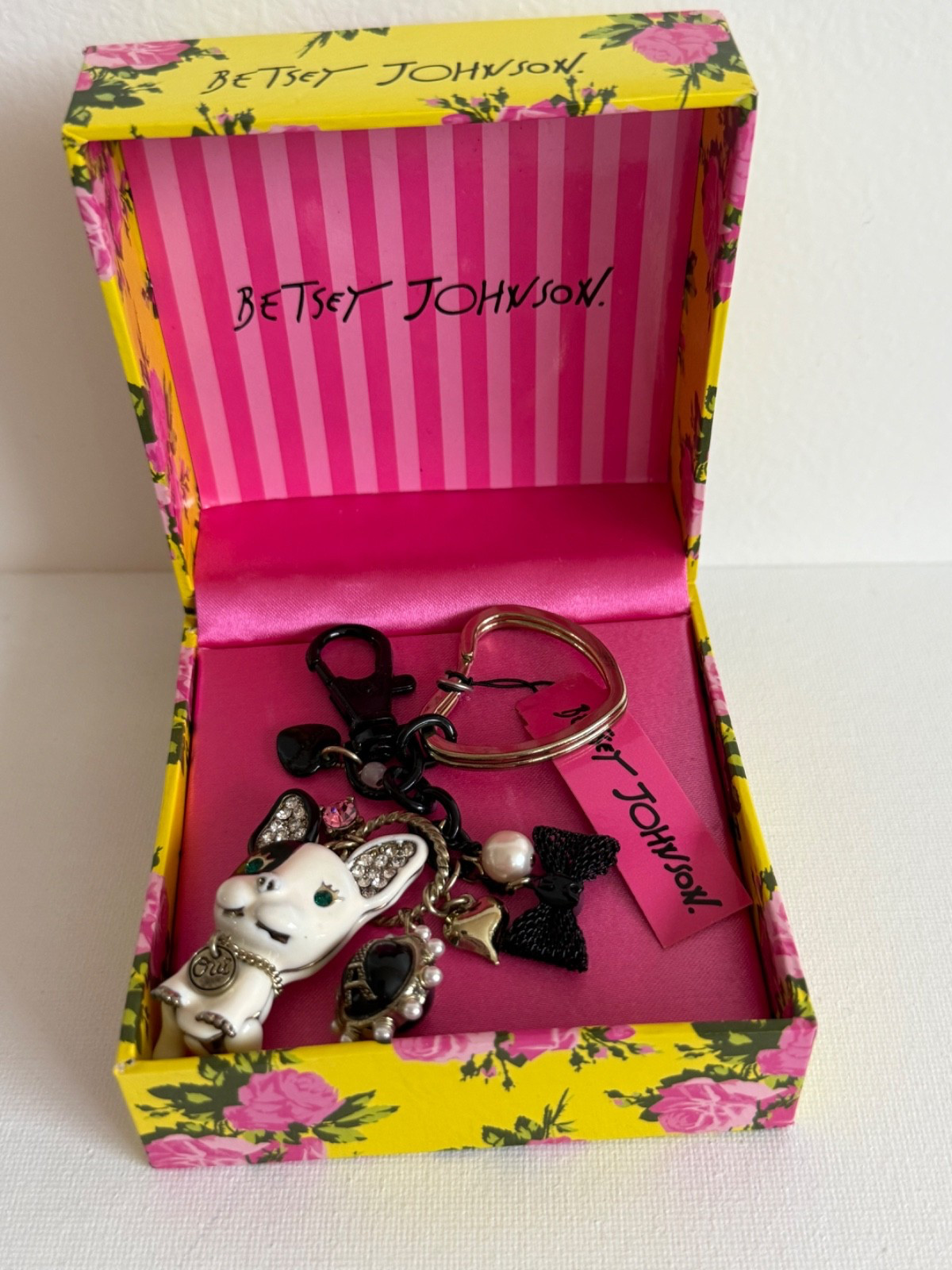 Rare Betsey Johnson Vintage Paris French Bulldog Keychain Bag Charm New In Box