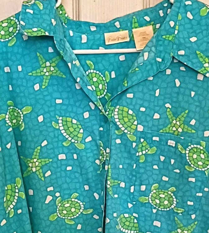 Vintage Bobbie Brooks Womens 38-40 Ocean Beach Sea Turtle Resort Button Blouse
