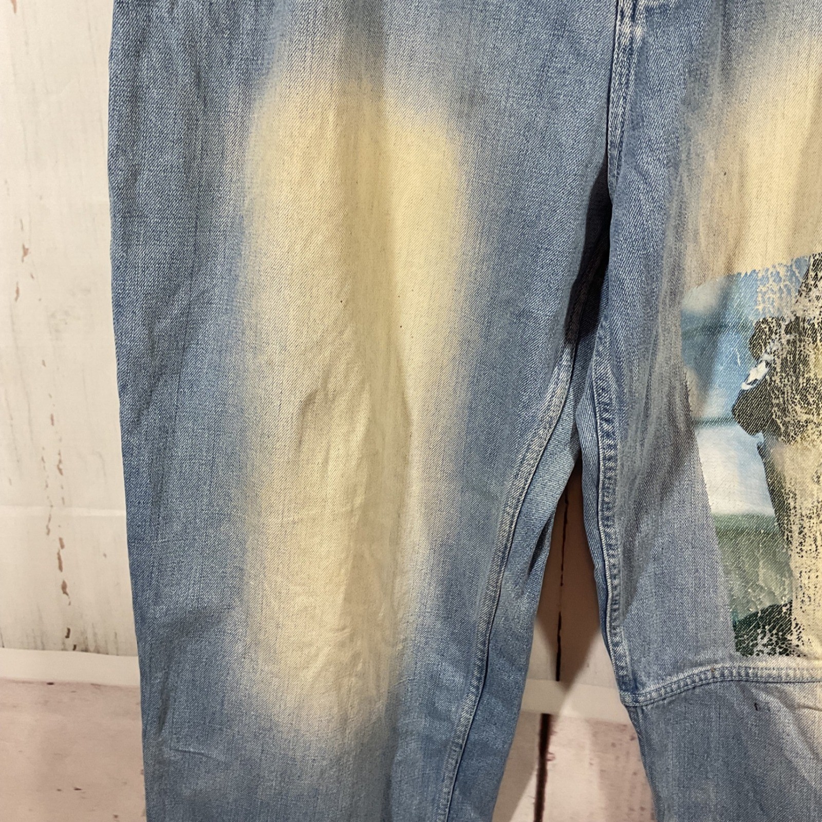Tupac Makaveli Jeans 42×34 Baggy Denim Fade Graphic Hip Hop Y2K Grunge Rap 90s