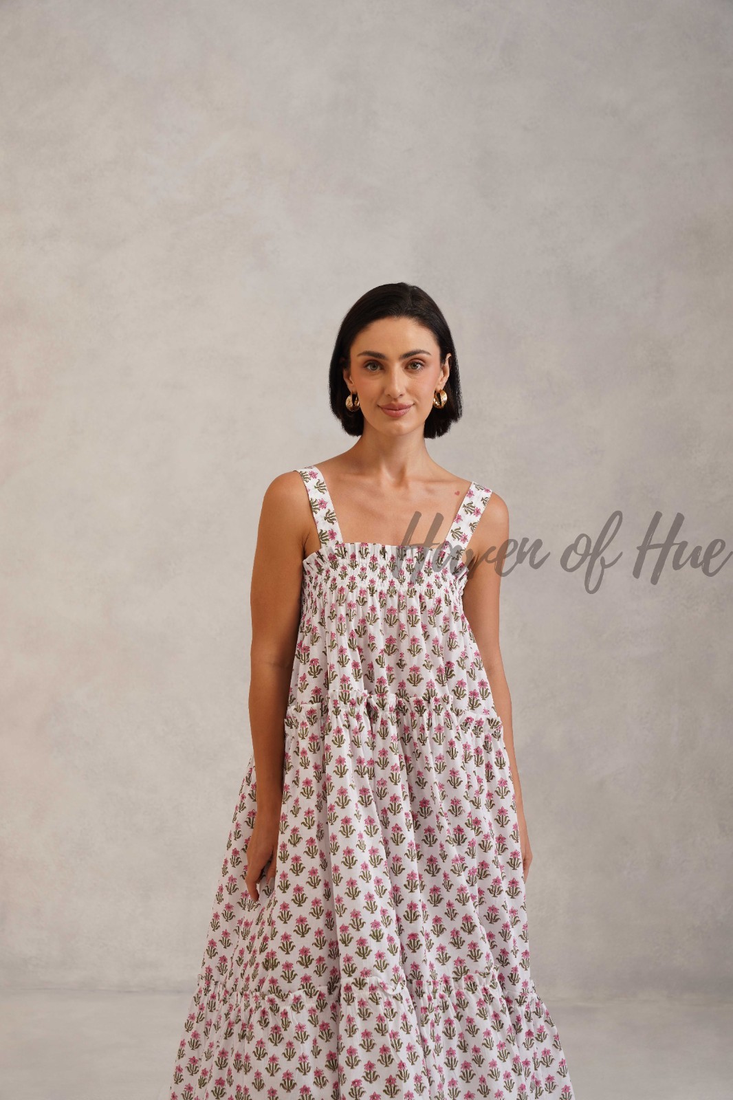 Hand Block Printed Cotton Midi Dress, Tie Up Shoulder Straps, Boho Style