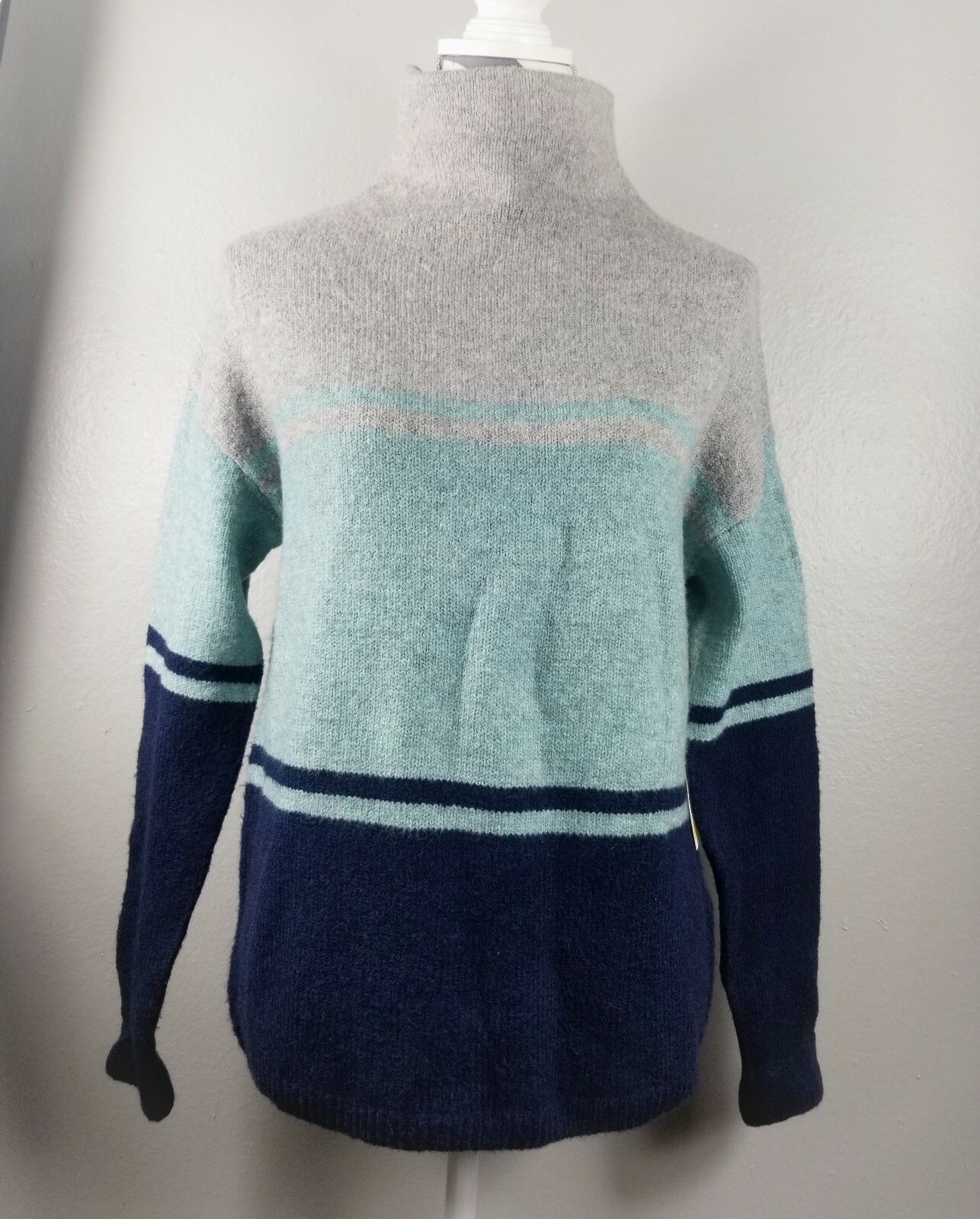 C&C California Sz M High-Neck Pullover Sweater Stripe Gray Blue Colorblock