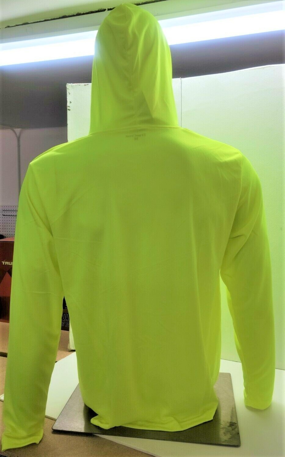 Neon Yellow Long Sleeve Shirt With Hoodie, Polyester birdeye mesh fabric