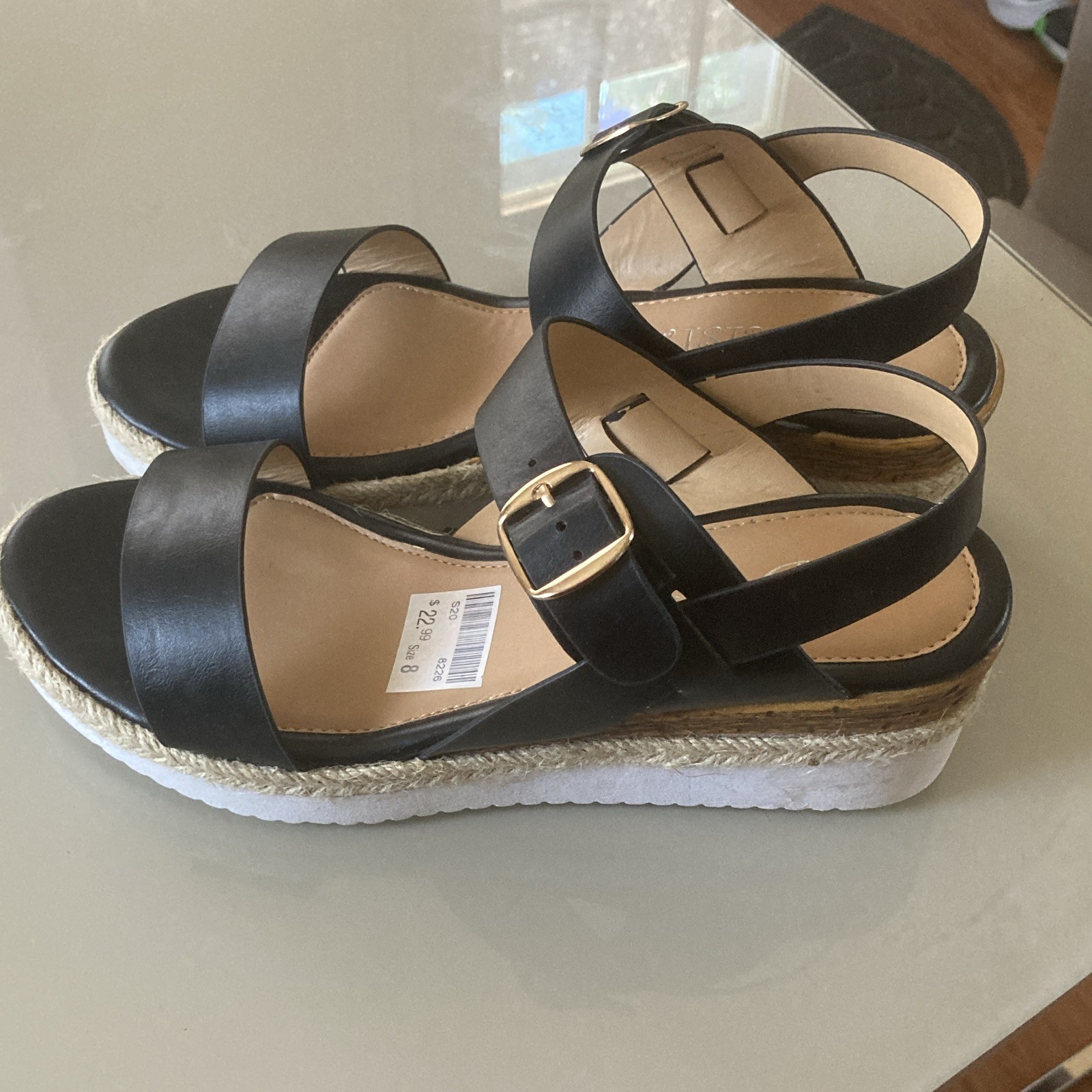 Women’s Black Solid Leather Strappy Wedge Sandals Ankle Strap Buckle US 8