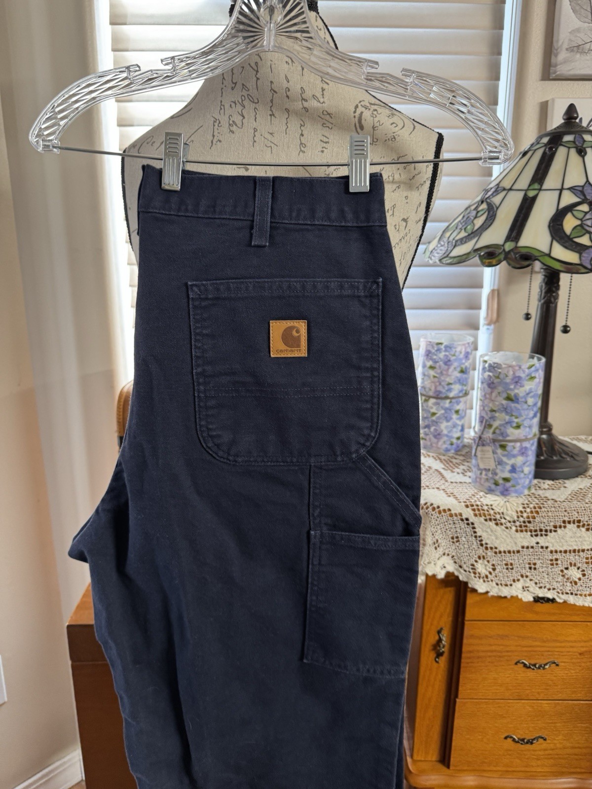CARHARTT MENS 36X30 NAVY COTTON DENIM CARPENTER PANTS, FLAT FRONT, SLANT POCKETS