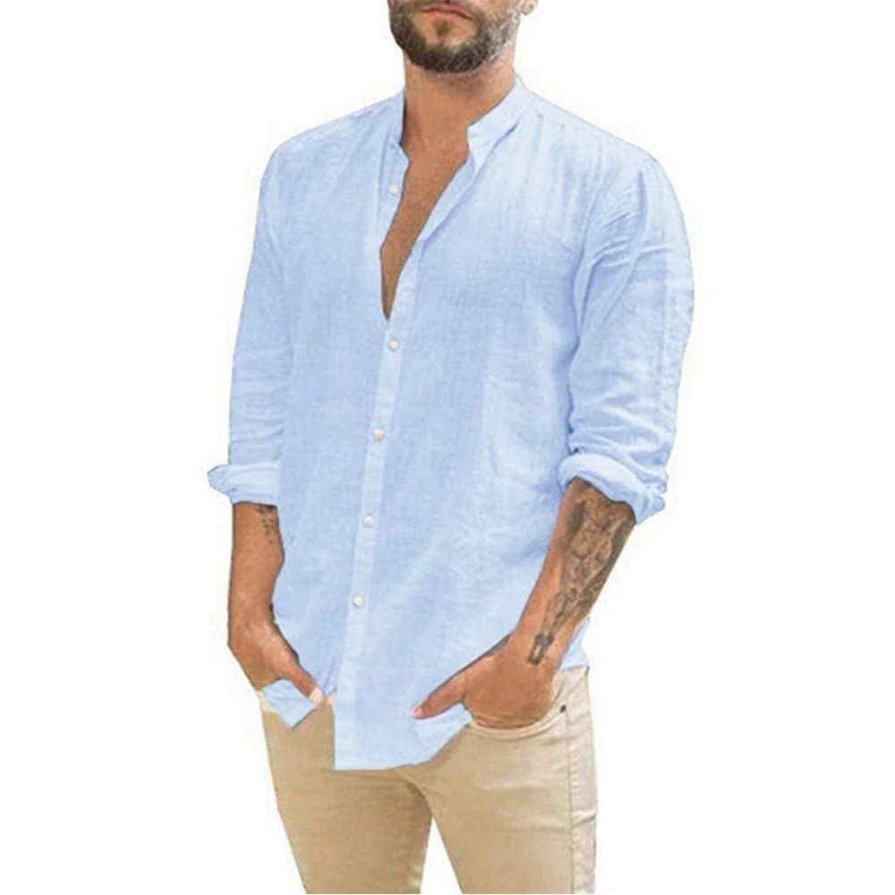 Button-Up Shirt Mens Long Sleeve Cotton Linen T-shirt Casual Summer Beach *SALE*