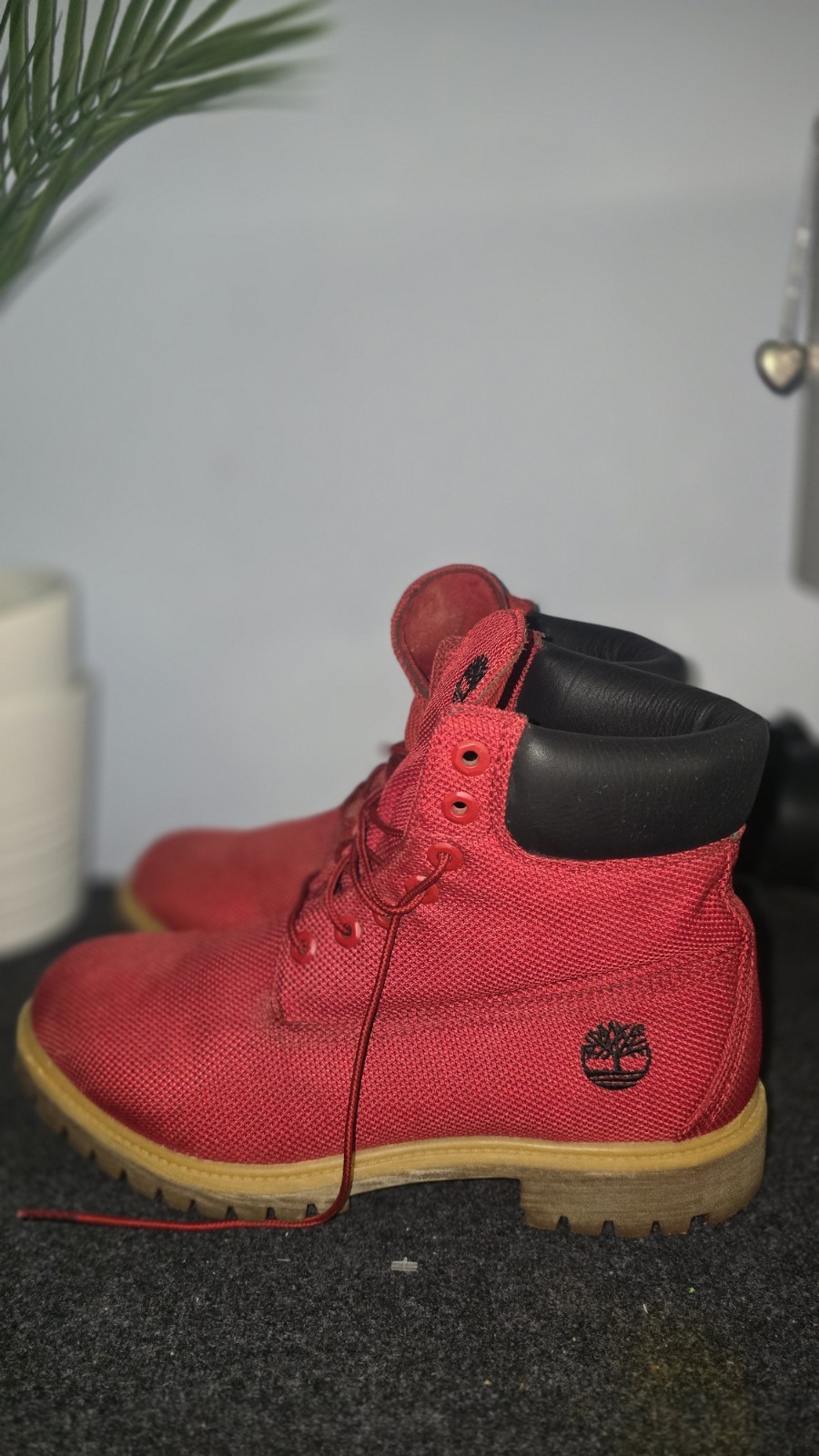 Timberland 6 Inch Premium Boots Red Mesh Canvas Waterproof Mens Size 9.5