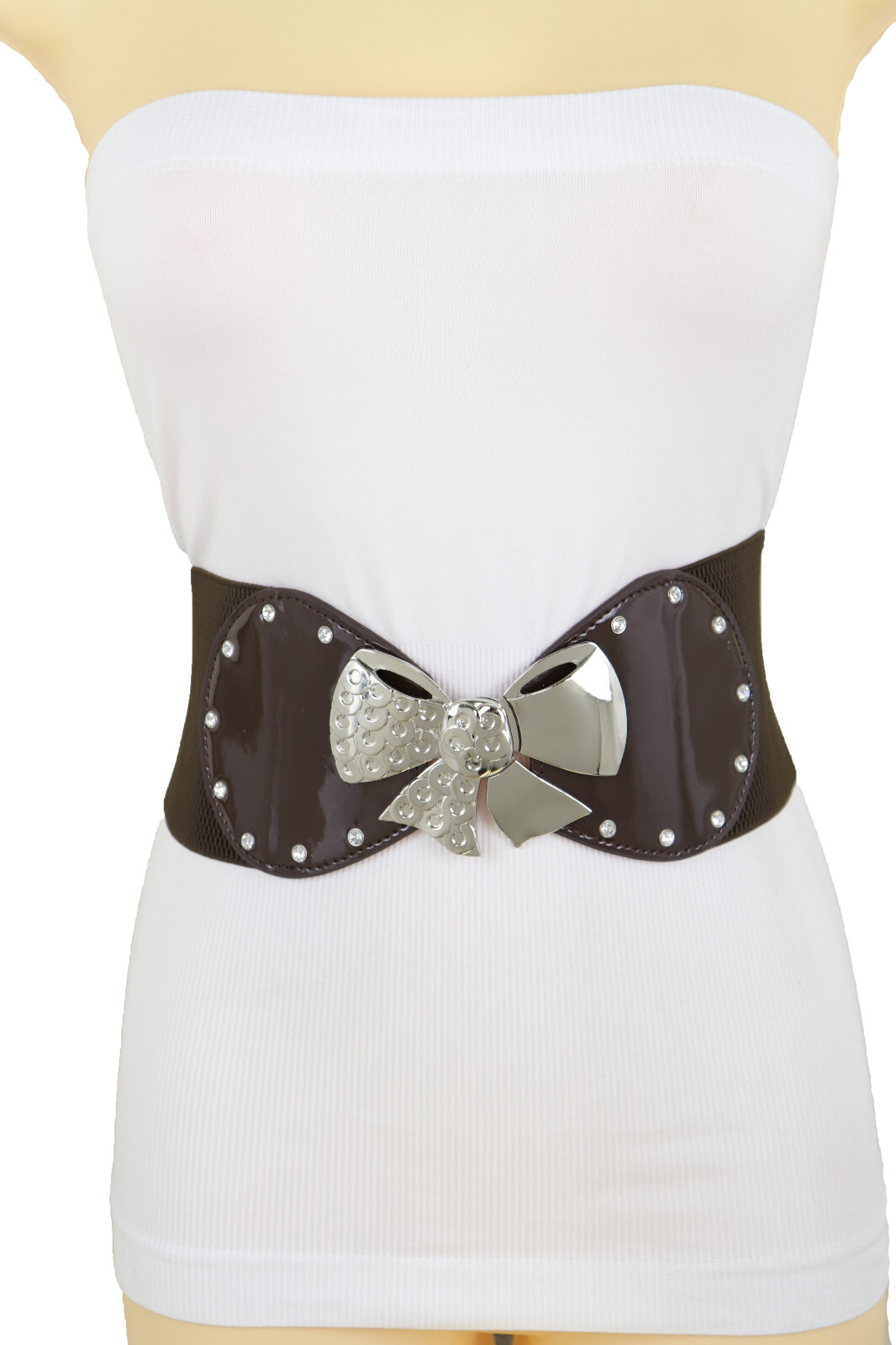 Women Dark Brown Wide Band Dress Belt Silver Metal Bow Tie Ribbon Buckle Fit S M
