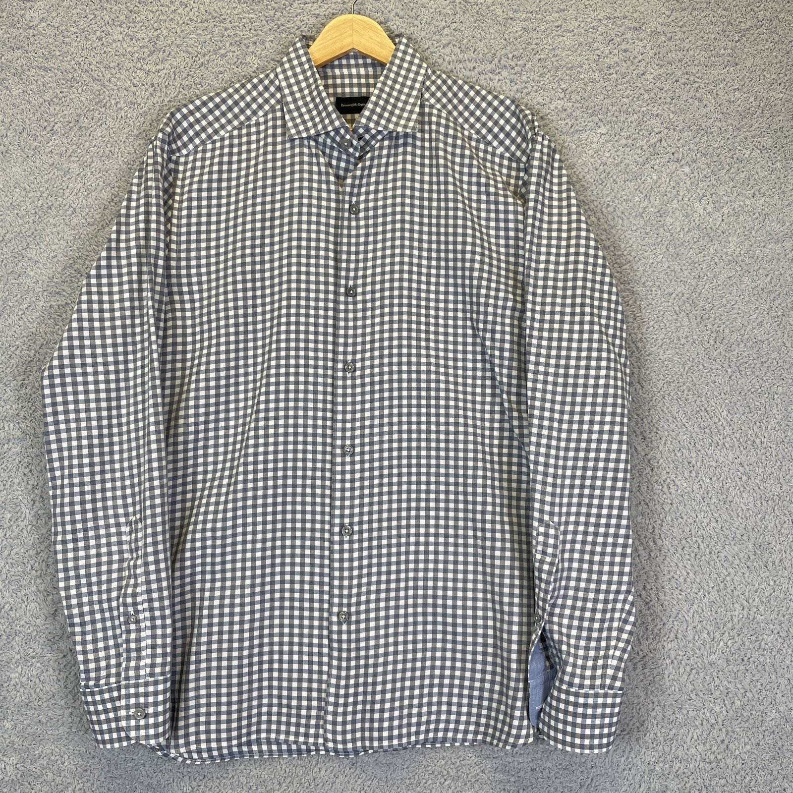 Zegna Men’s Blue Gray Gingham Button Up Shirt Size Large Cotton Long Sleeve