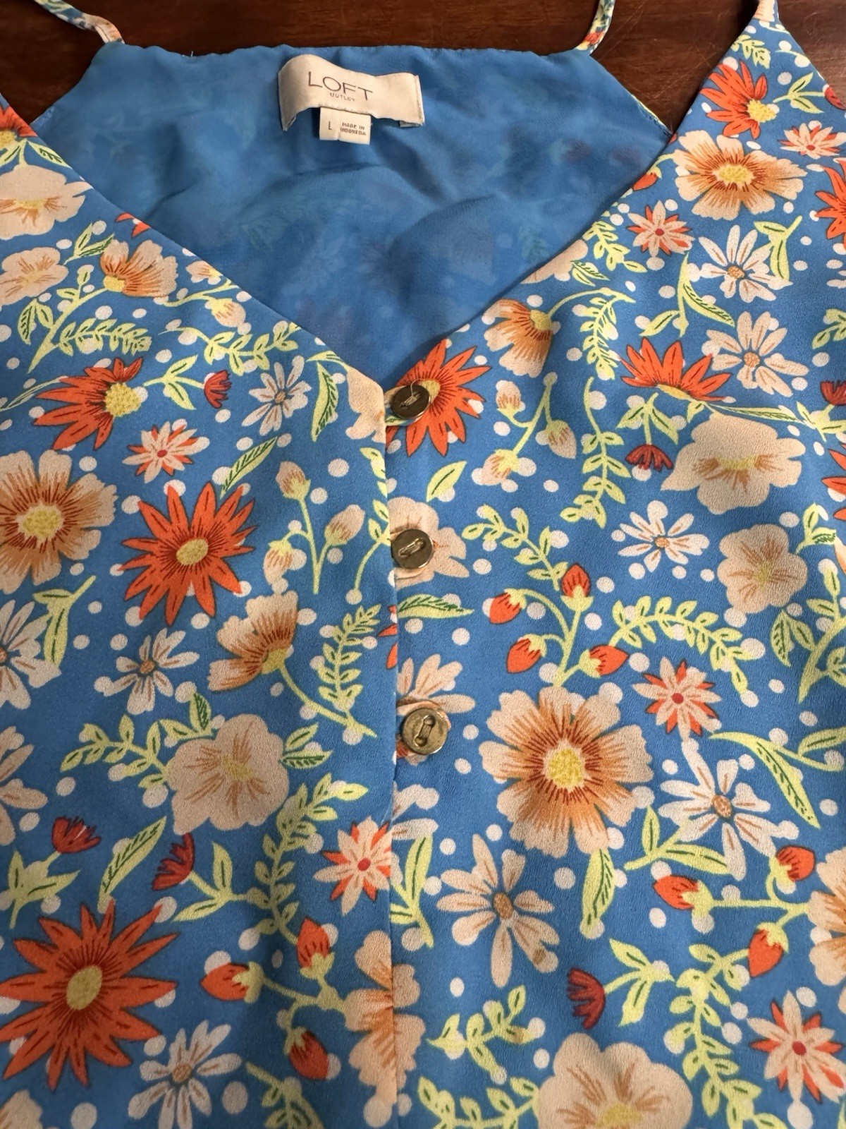 LOFT Blue Floral Spaghetti Strap Blouse Tank Top Gold Button Detail Large
