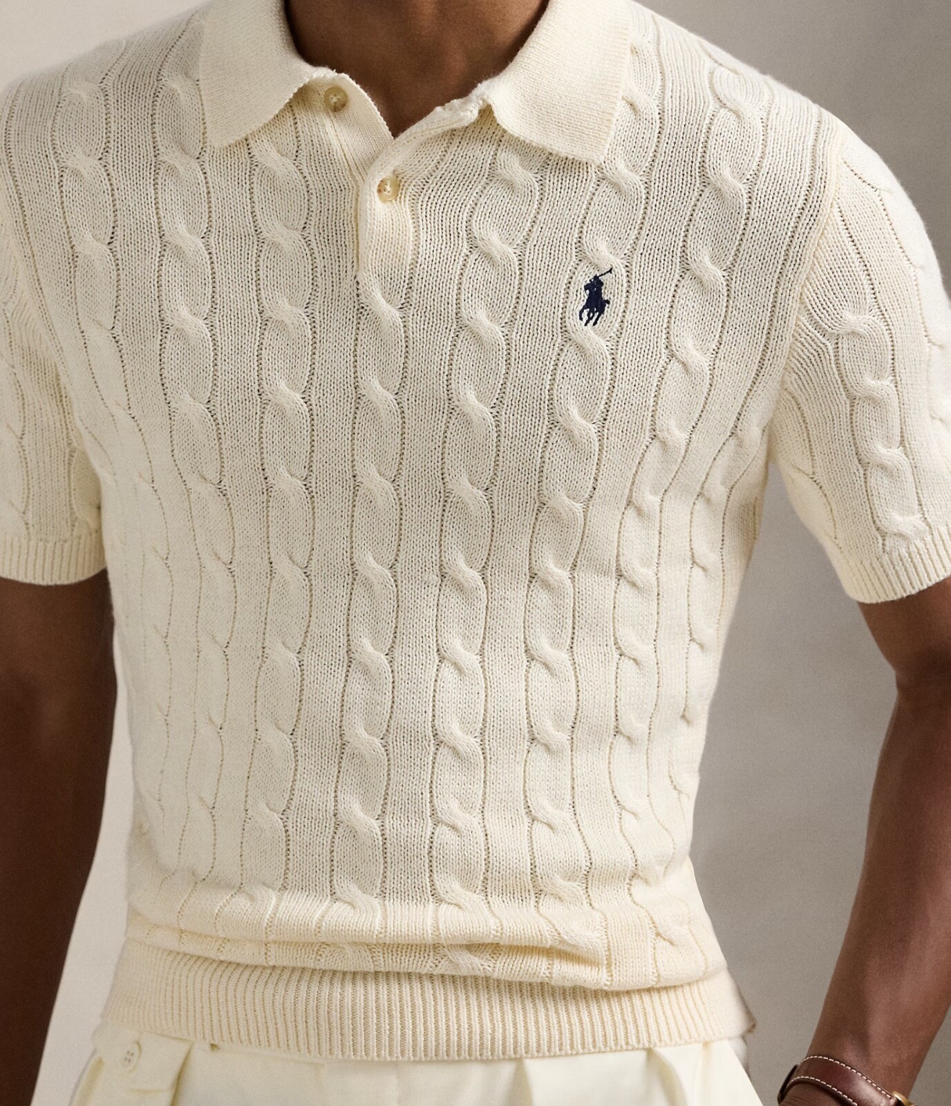 NWT Polo Ralph Lauren Cream Cotton Cable Knit Polo-Collar Short Sleeve Sweater