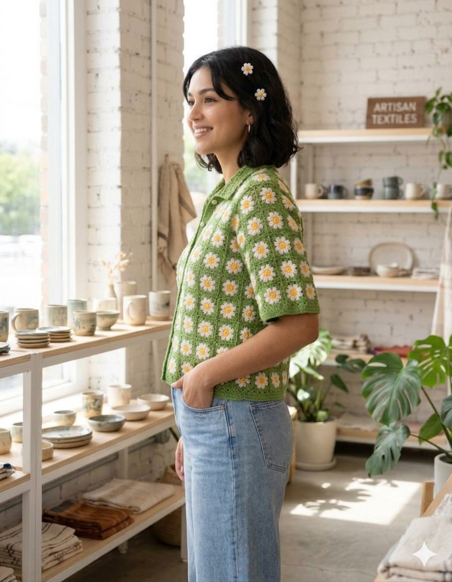 Handmade Crochet Artisan Textiles Square Hand Crochet Polo Cardigan Sweate