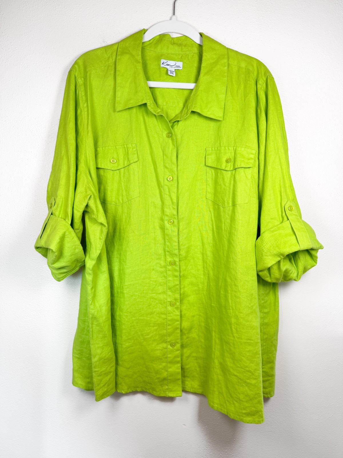 Kim Rogers Linen Shirt Women’s 3X Lime Green 100% Linen Plus Coastal Summer
