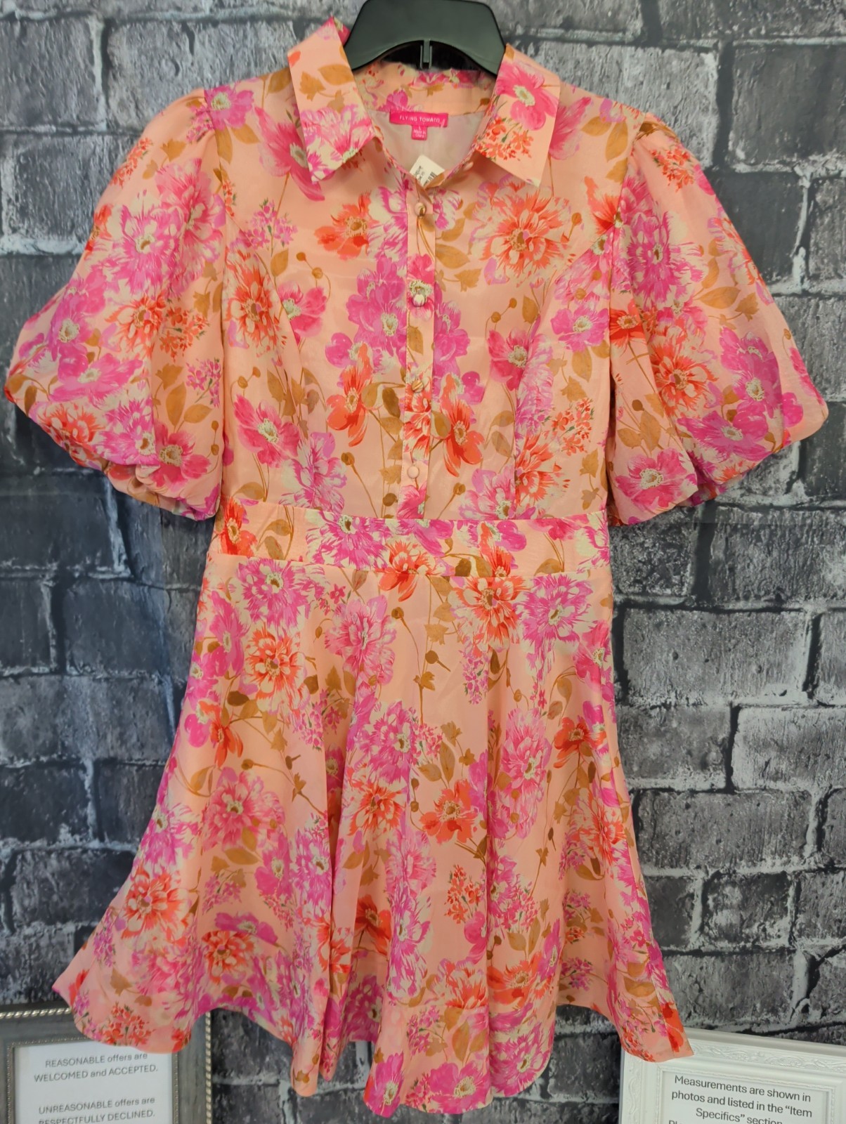Flying Tomato Gorgeous Instinct Woven Lined Dress Size L Floral Puff Sleeve NWT!