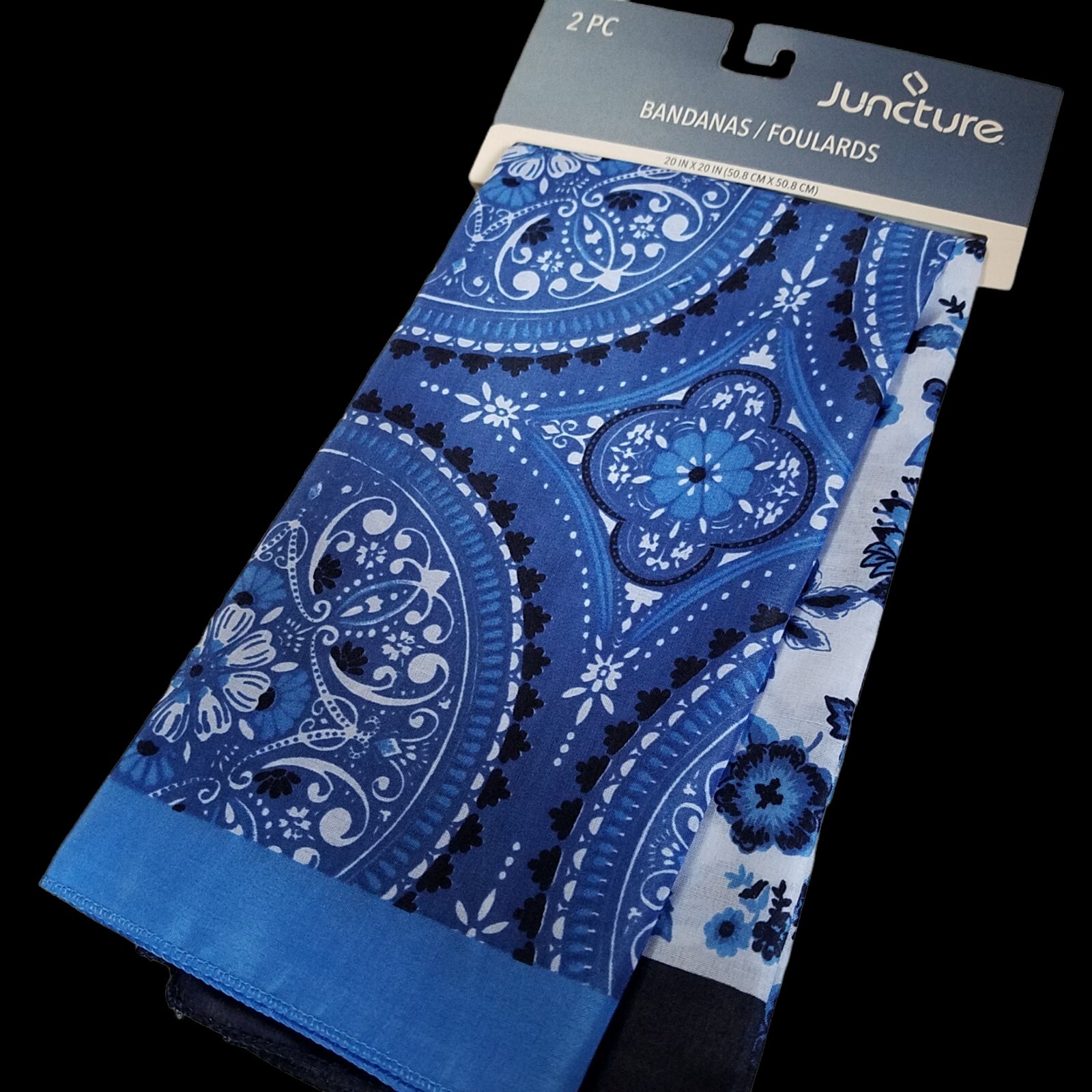 2 PACK Juncture BANDANA HANDKERCHIEF SCARF Western Style BLUE FLORAL 20″ x 20″