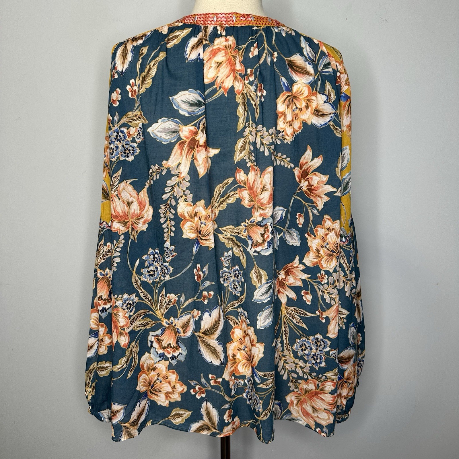Johnny Was Effortless Peasant Blouse 100% Cotton Mustard Floral Multi Top L/XL